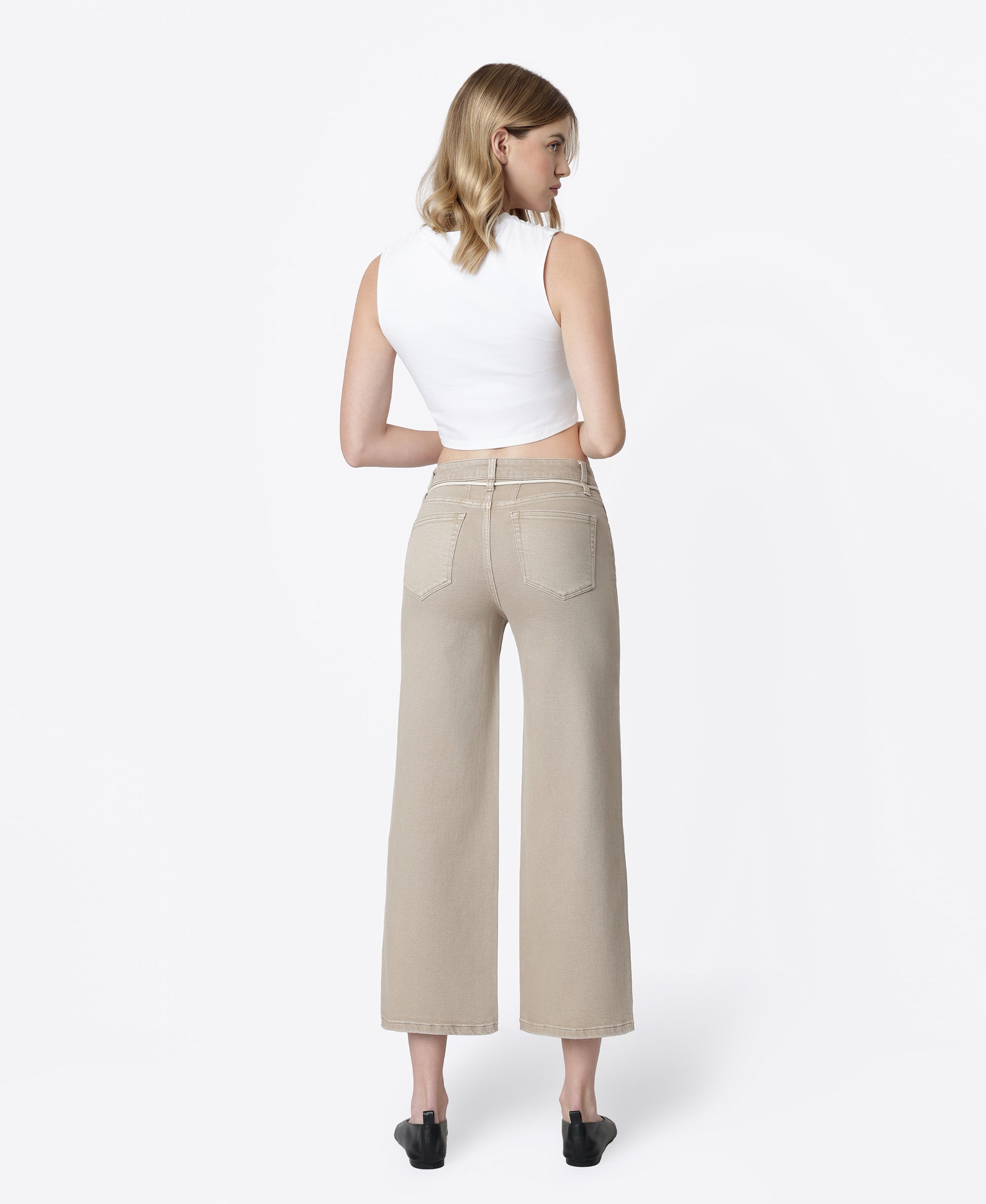 Back product images of Taupe - High Rise Drawstring Crop Wide Leg Jeans