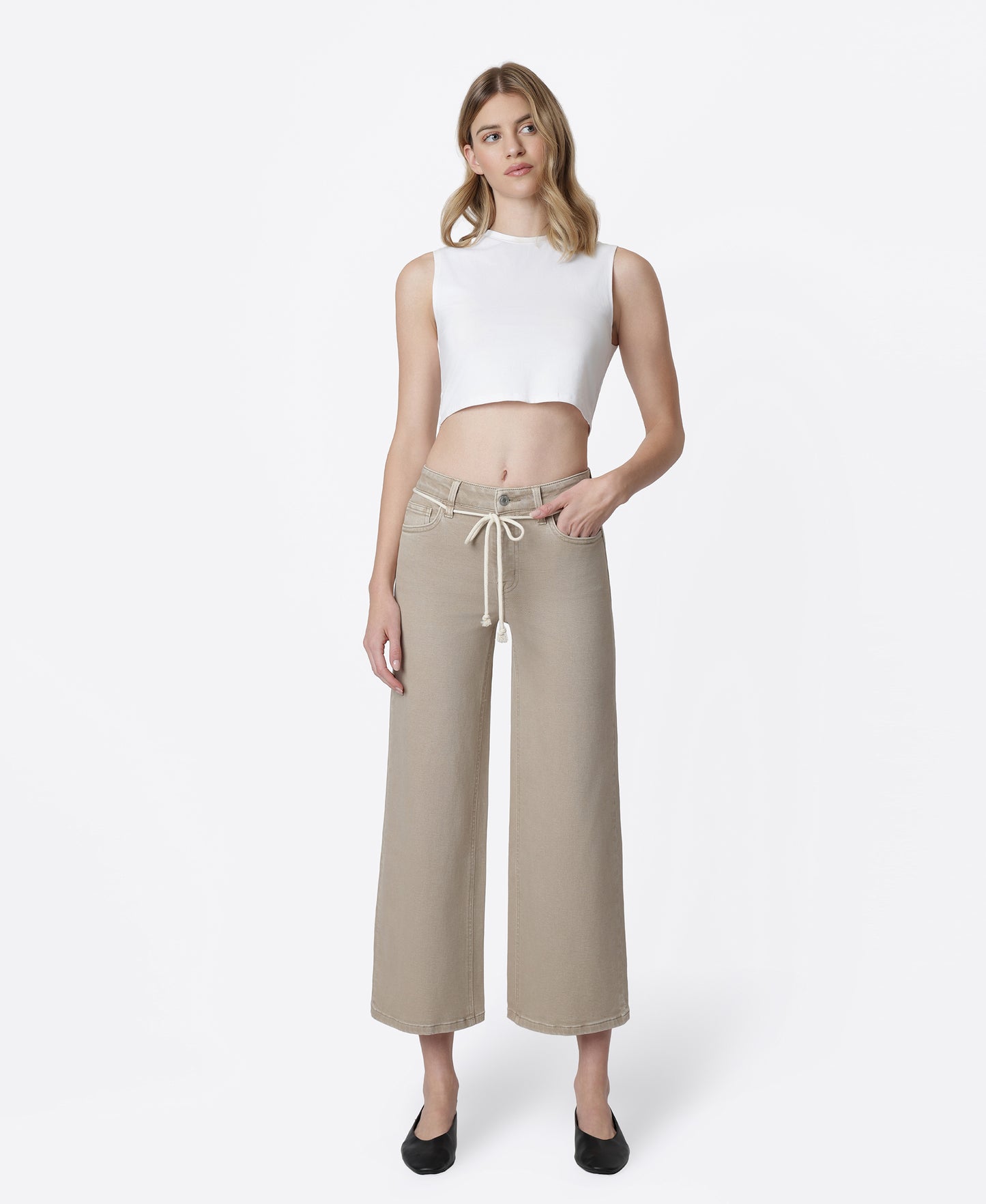 Front product images of Taupe - High Rise Drawstring Crop Wide Leg Jeans