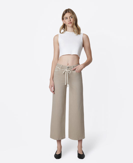 Front product images of Taupe - High Rise Drawstring Crop Wide Leg Jeans