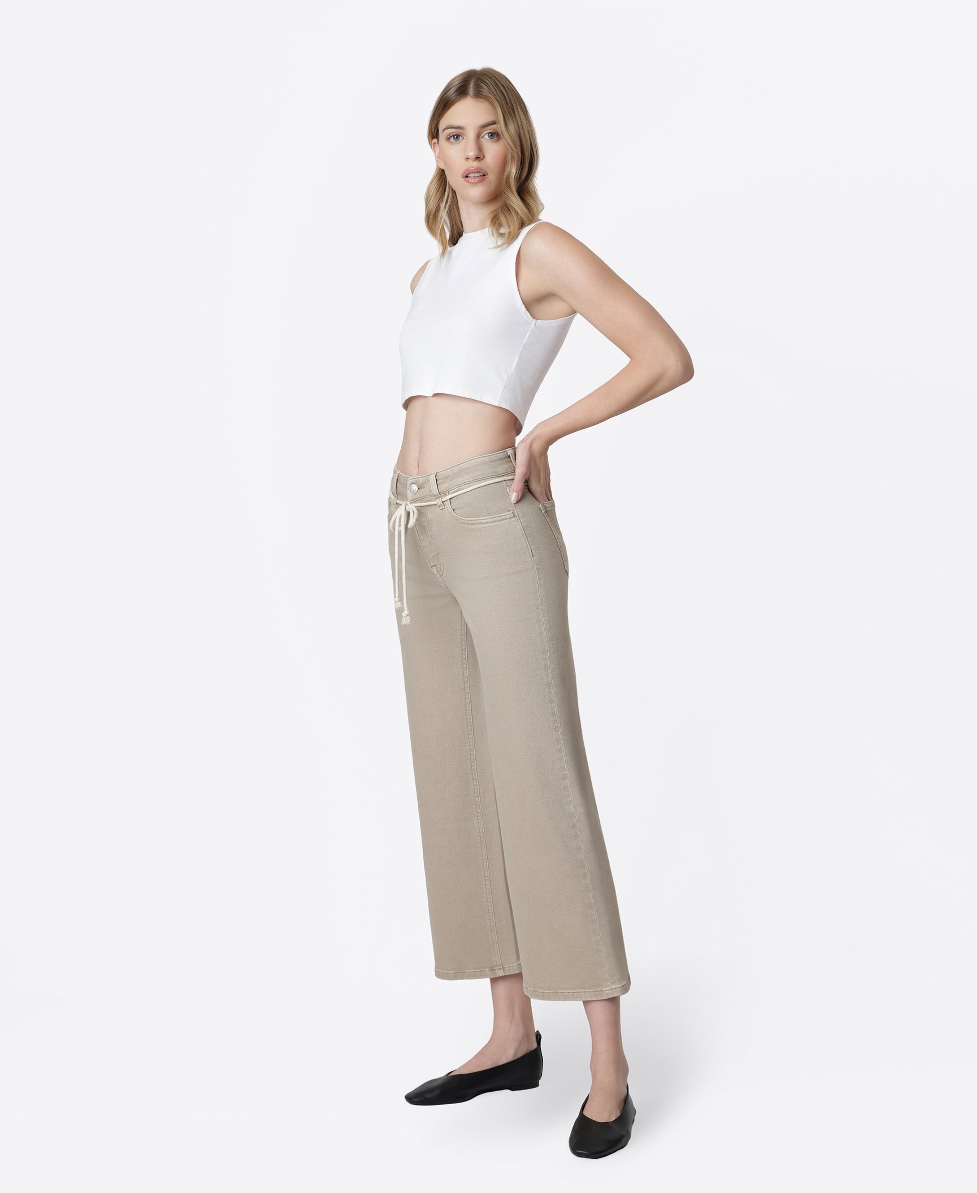 Left 45 degrees product image of Taupe - High Rise Drawstring Crop Wide Leg Jeans