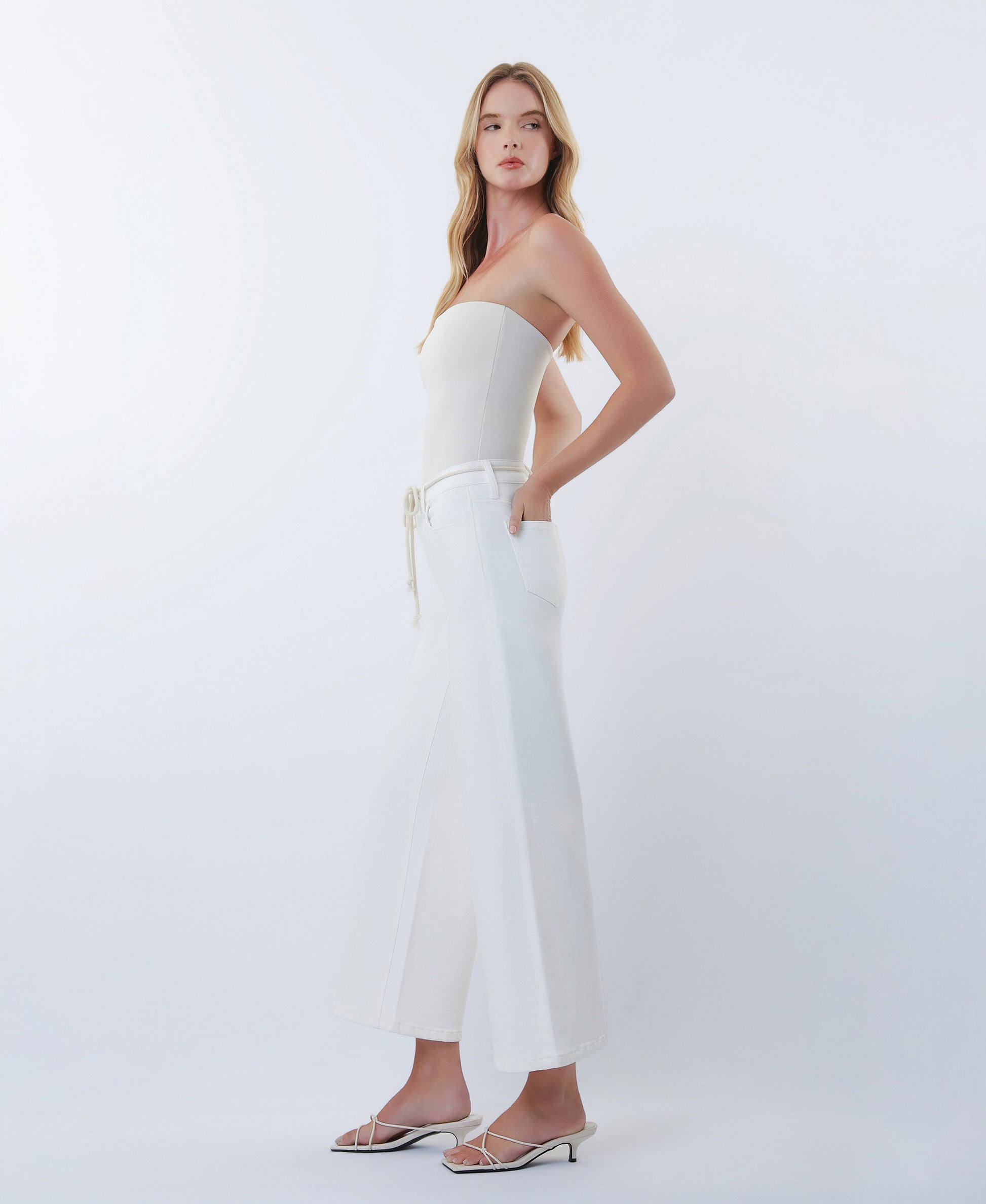 Left 45 degrees product image of Optic White - High Rise Drawstring WB Crop Wide Leg Jeans