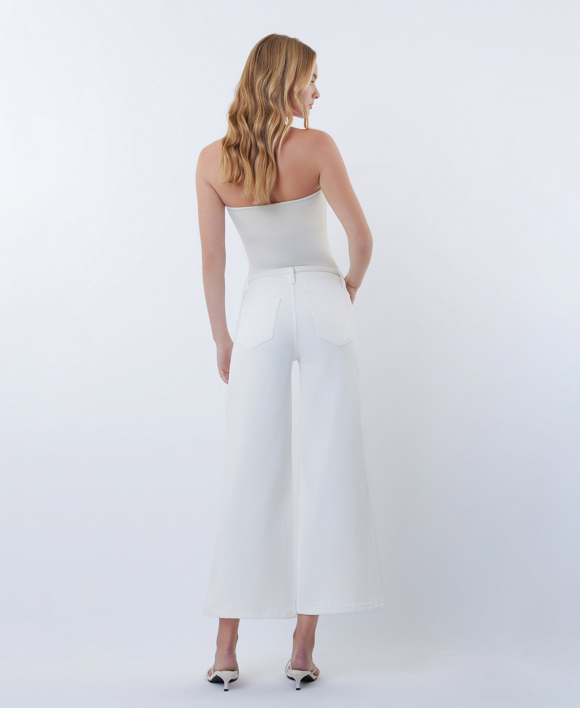 VERVET Optic White High Rise Drawstring WB Crop Wide Leg Jeans