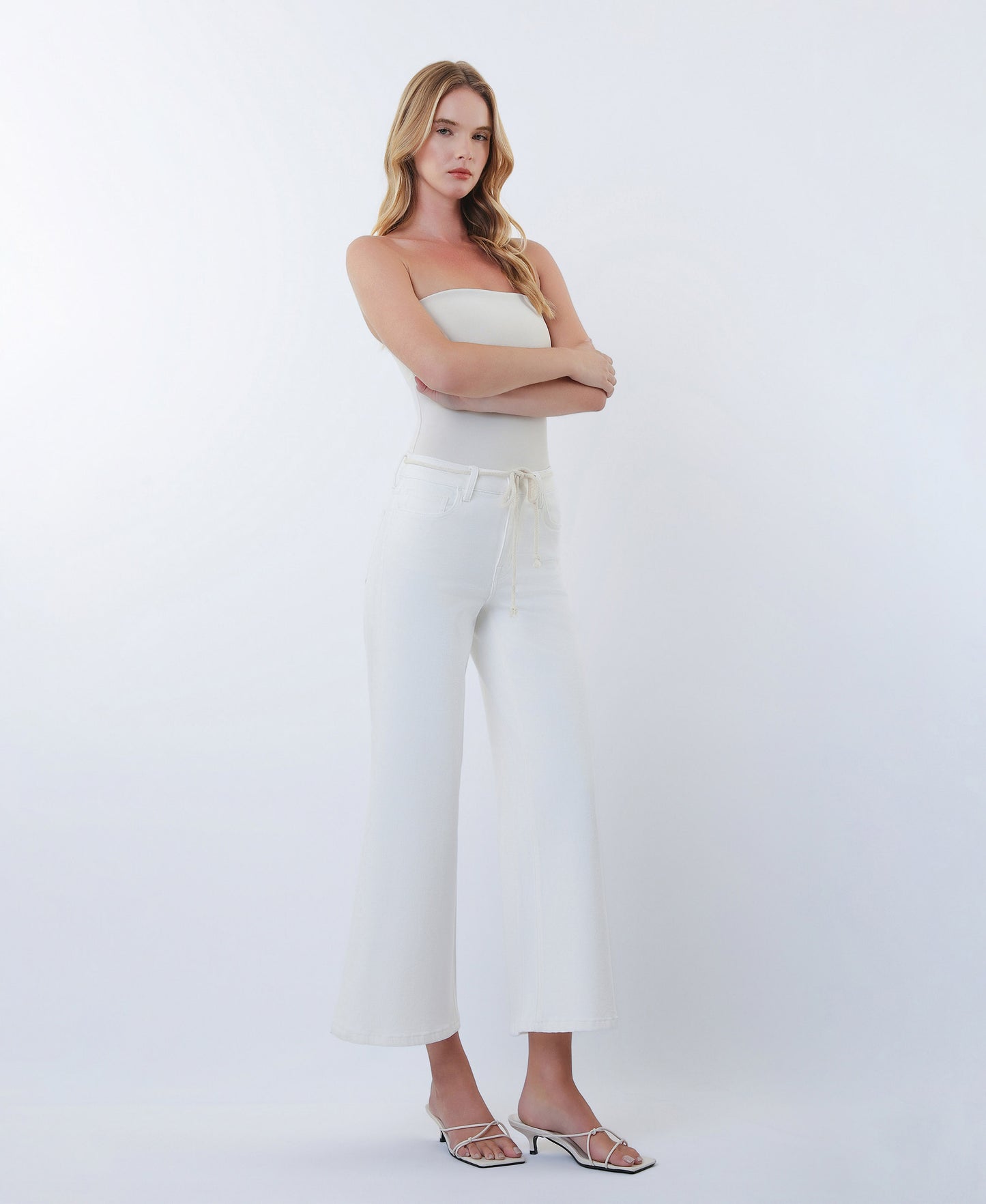 Right 45 degrees product image of Optic White - High Rise Drawstring WB Crop Wide Leg Jeans