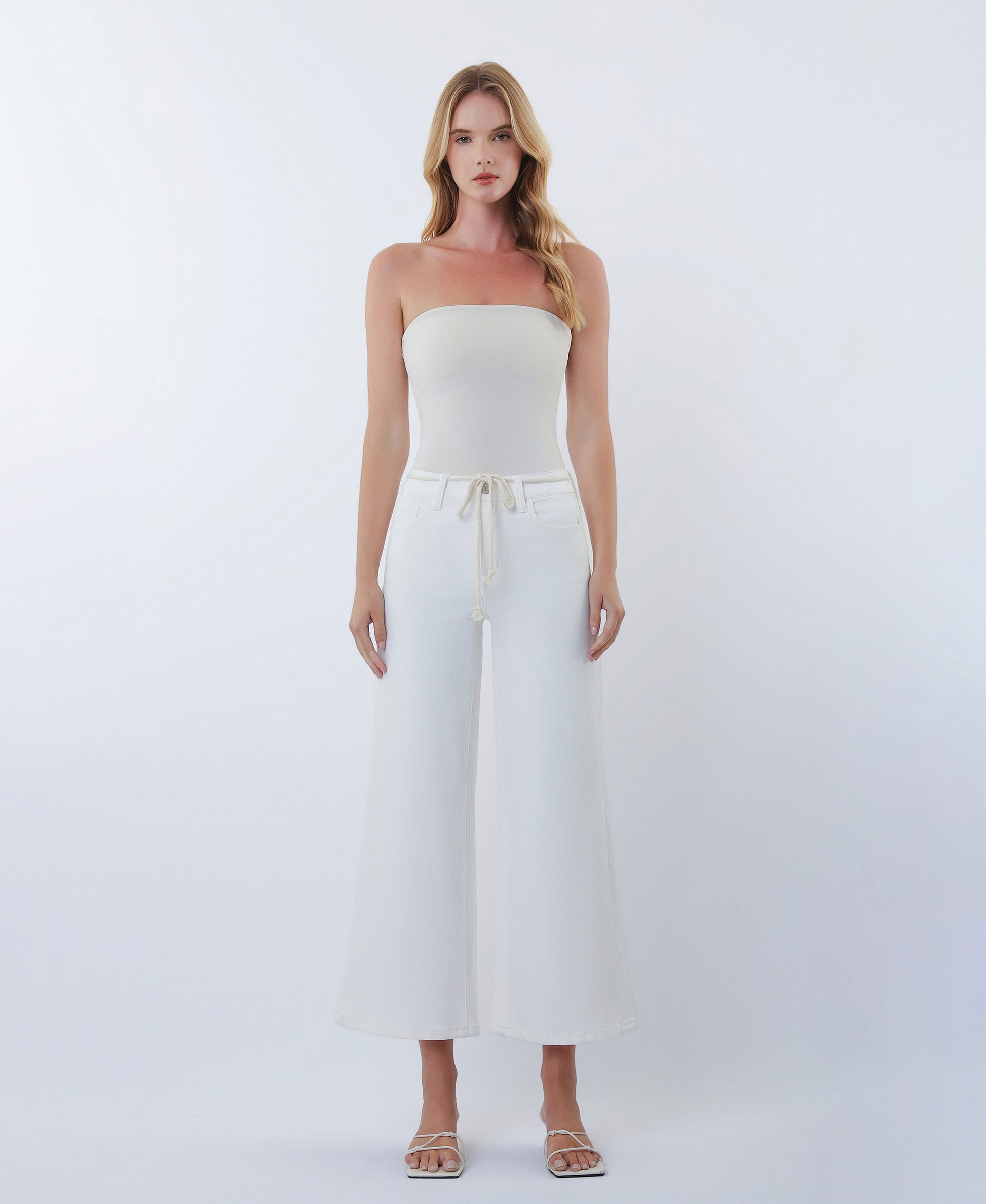Front product images of Optic White - High Rise Drawstring WB Crop Wide Leg Jeans