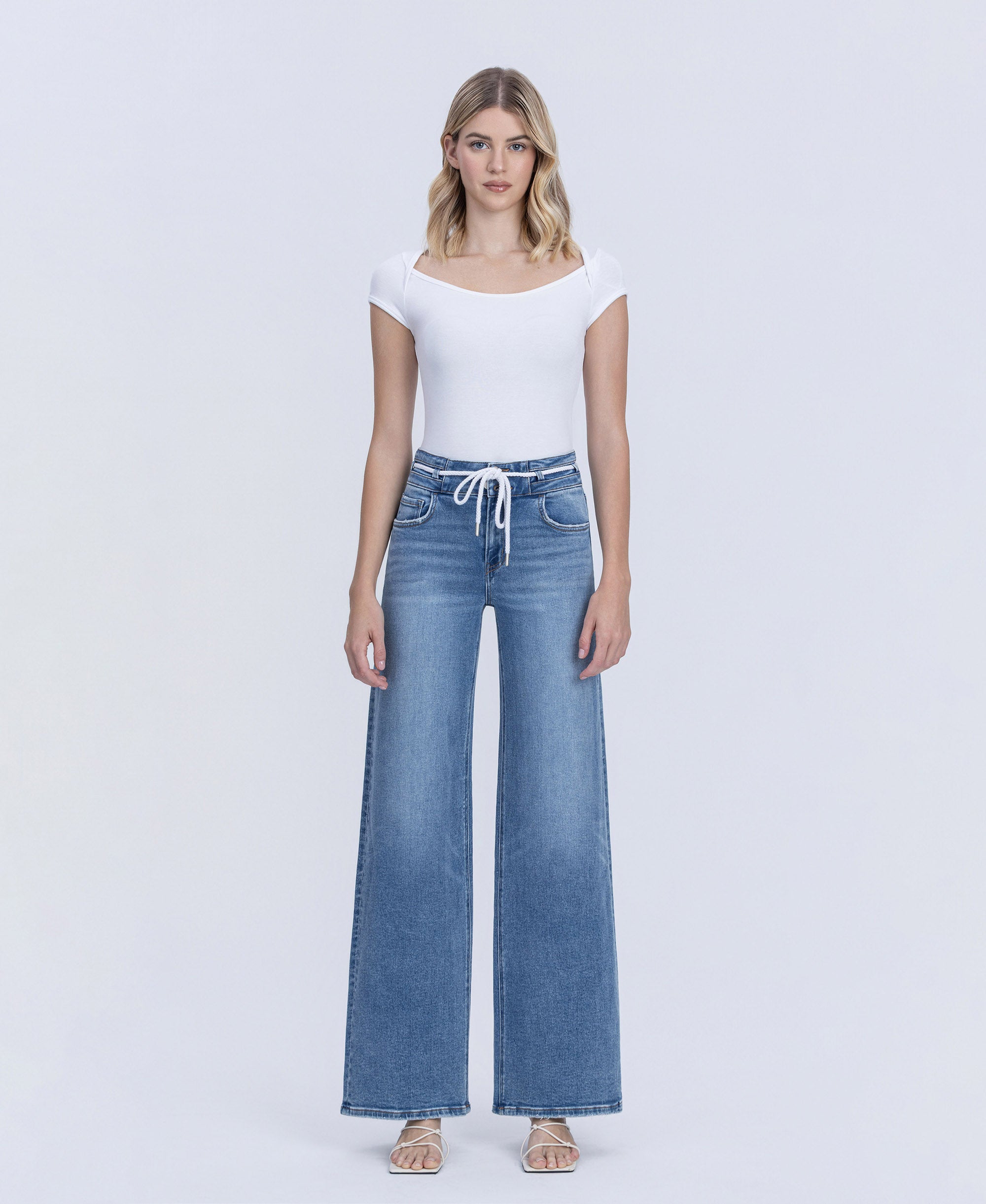 VERVET Humility High Rise Double Buttons Drawstring Wide Leg Jeans