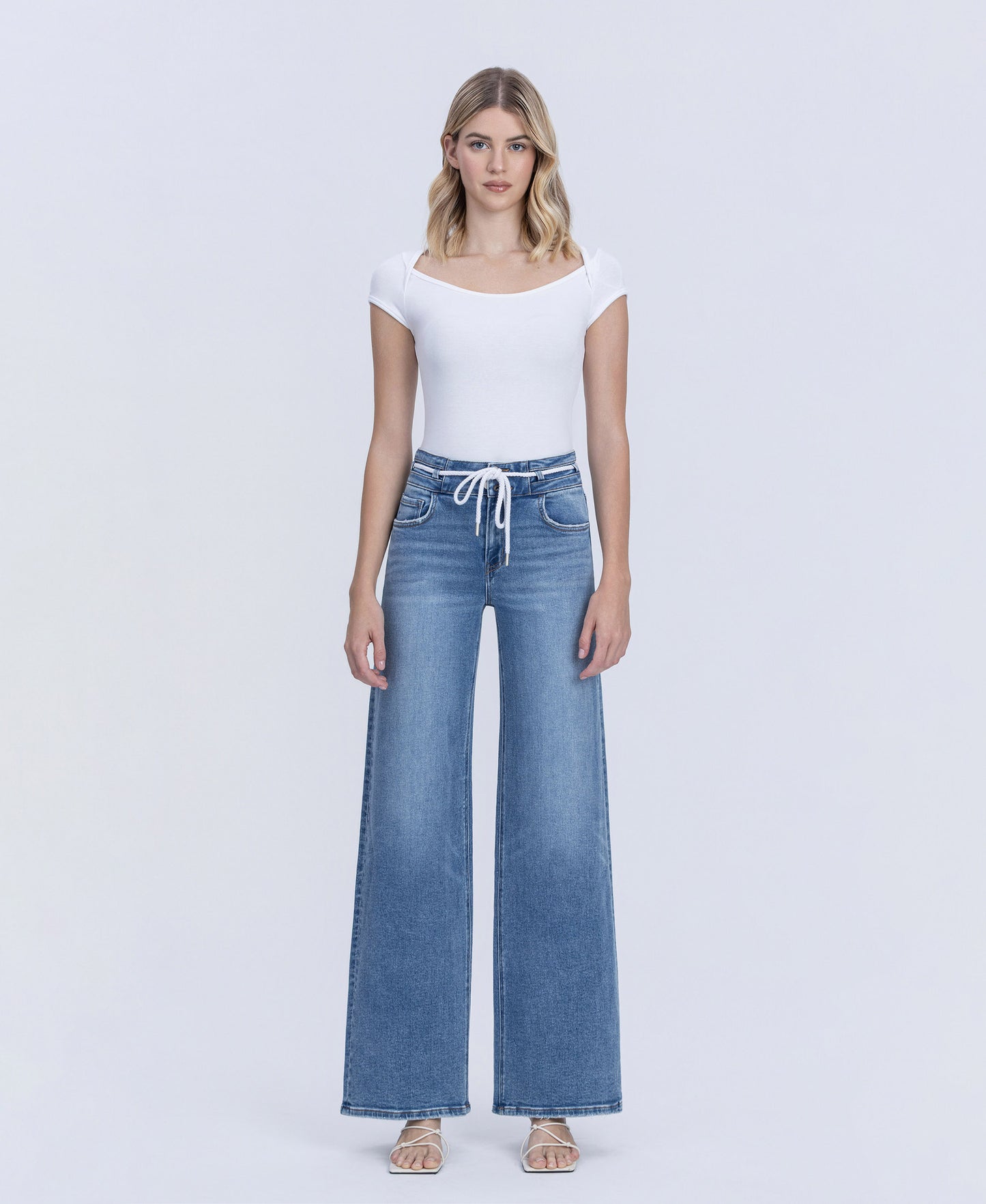 Front product images of Humility - High Rise Double Buttons Drawstring Wide Leg Jeans