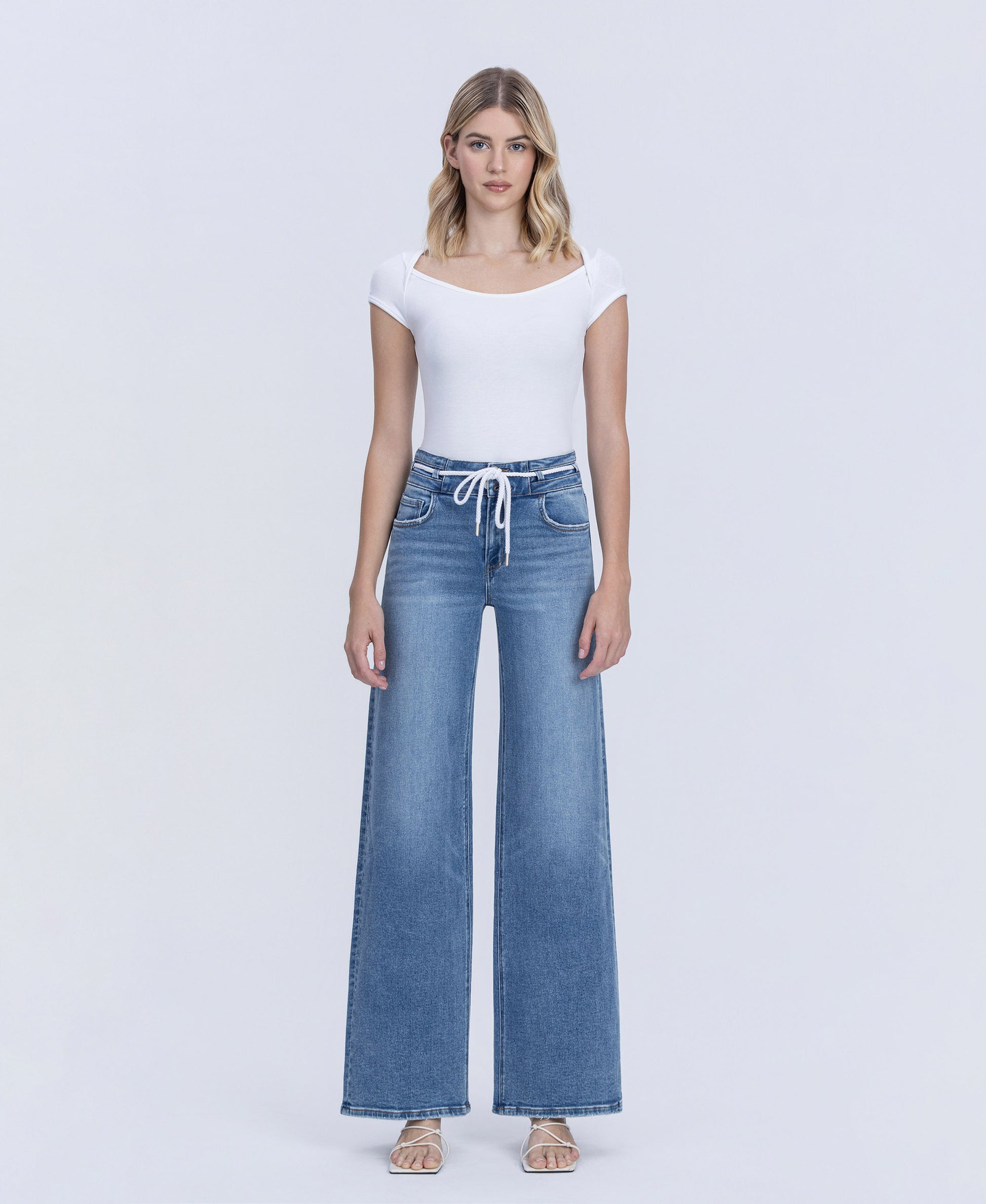 Front product images of Humility - High Rise Double Buttons Drawstring Wide Leg Jeans