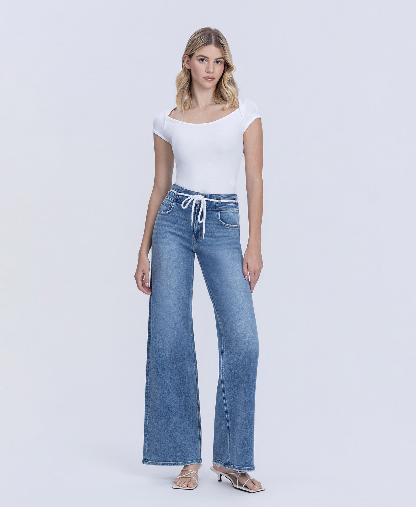 Right 45 degrees product image of Humility - High Rise Double Buttons Drawstring Wide Leg Jeans