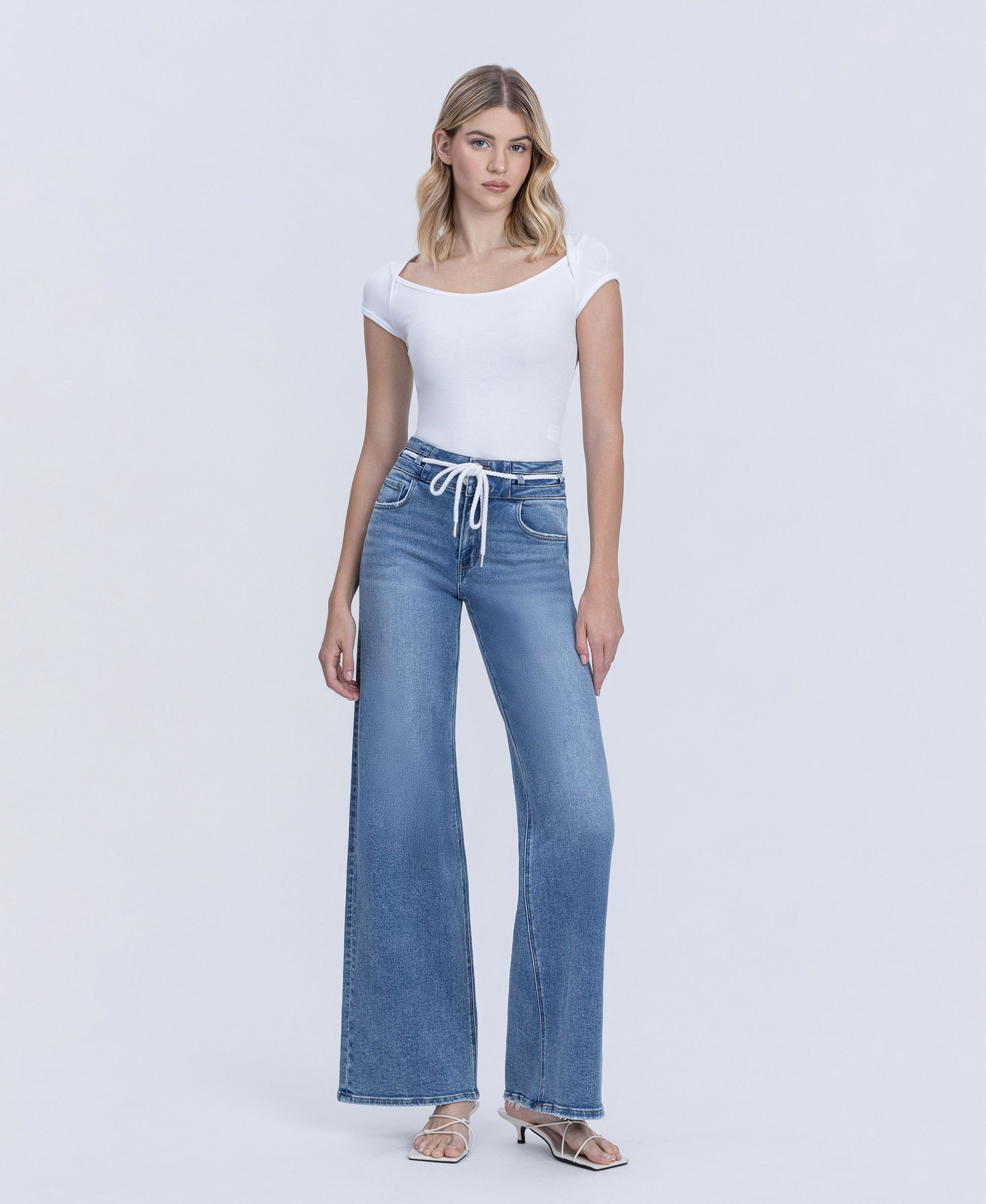 Right 45 degrees product image of Humility - High Rise Double Buttons Drawstring Wide Leg Jeans