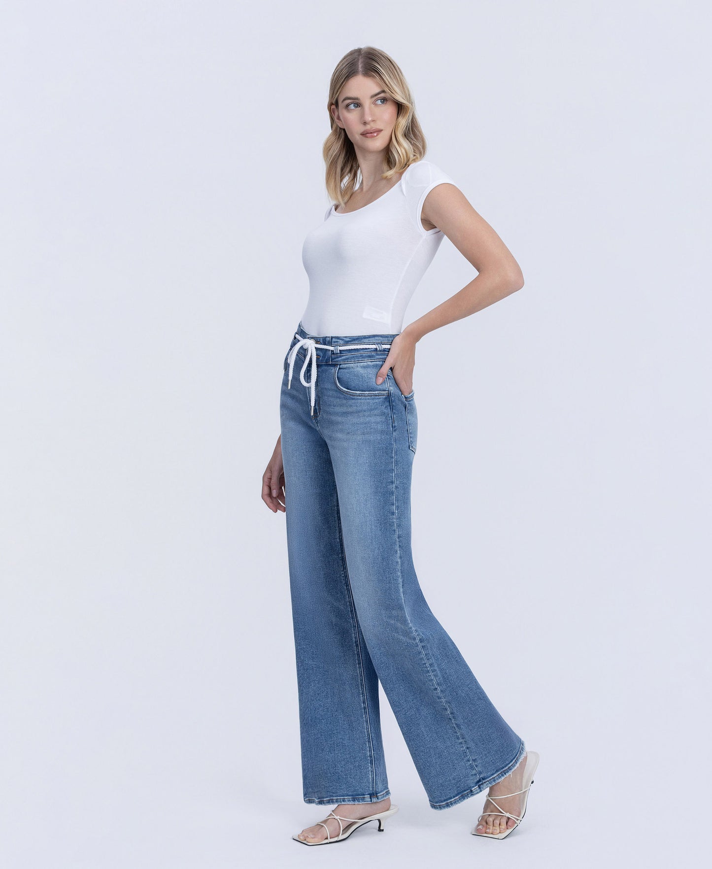 Left 45 degrees product image of Humility - High Rise Double Buttons Drawstring Wide Leg Jeans