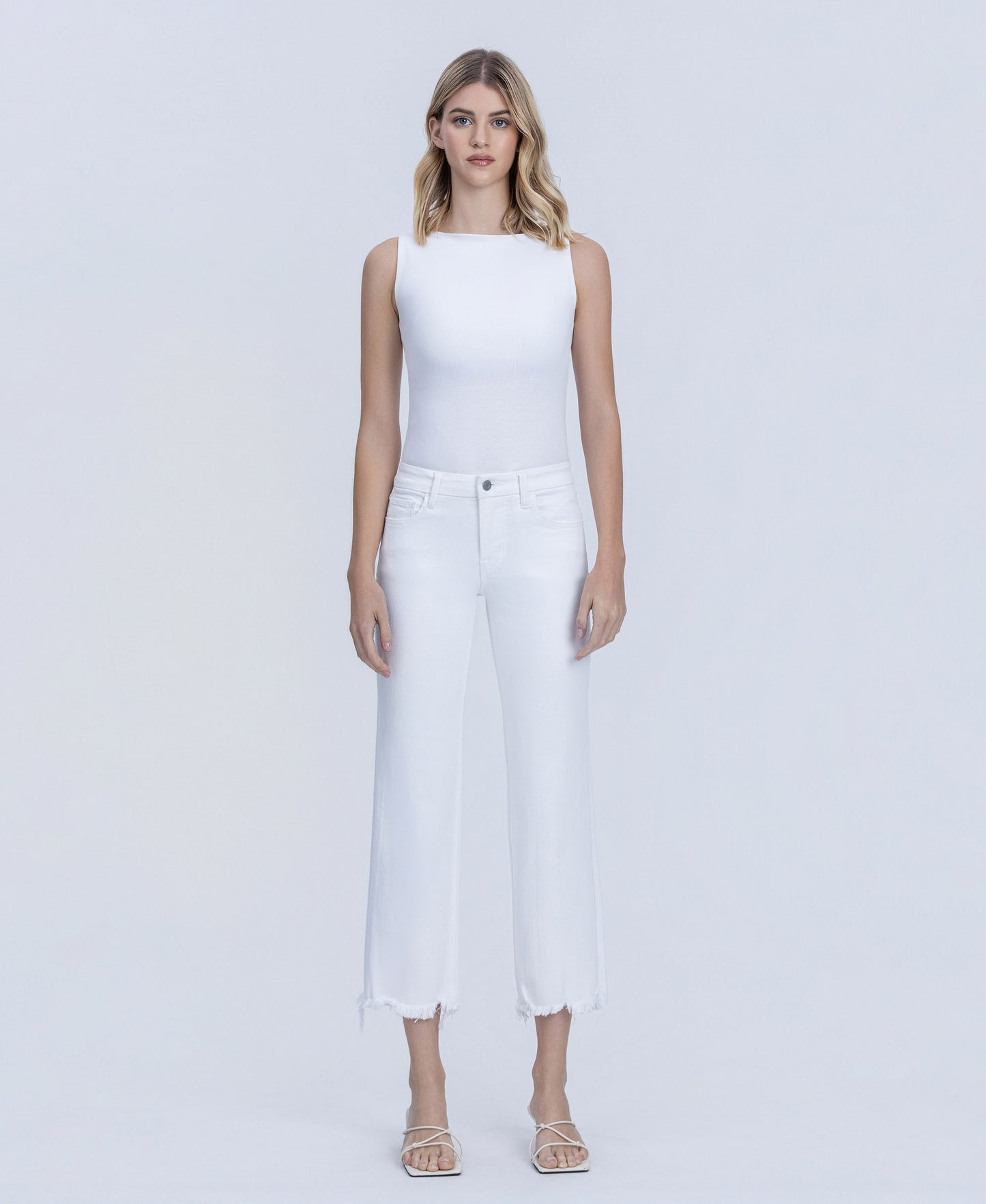 Front product images of Optic White - Mid Rise Uneven Frayed Hem Crop Straight Jeans