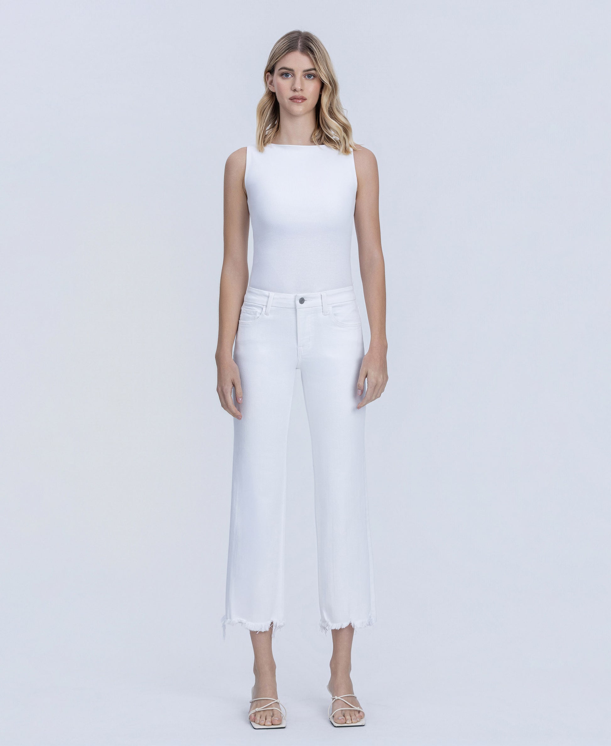 Front product images of Optic White - Mid Rise Uneven Frayed Hem Crop Straight Jeans