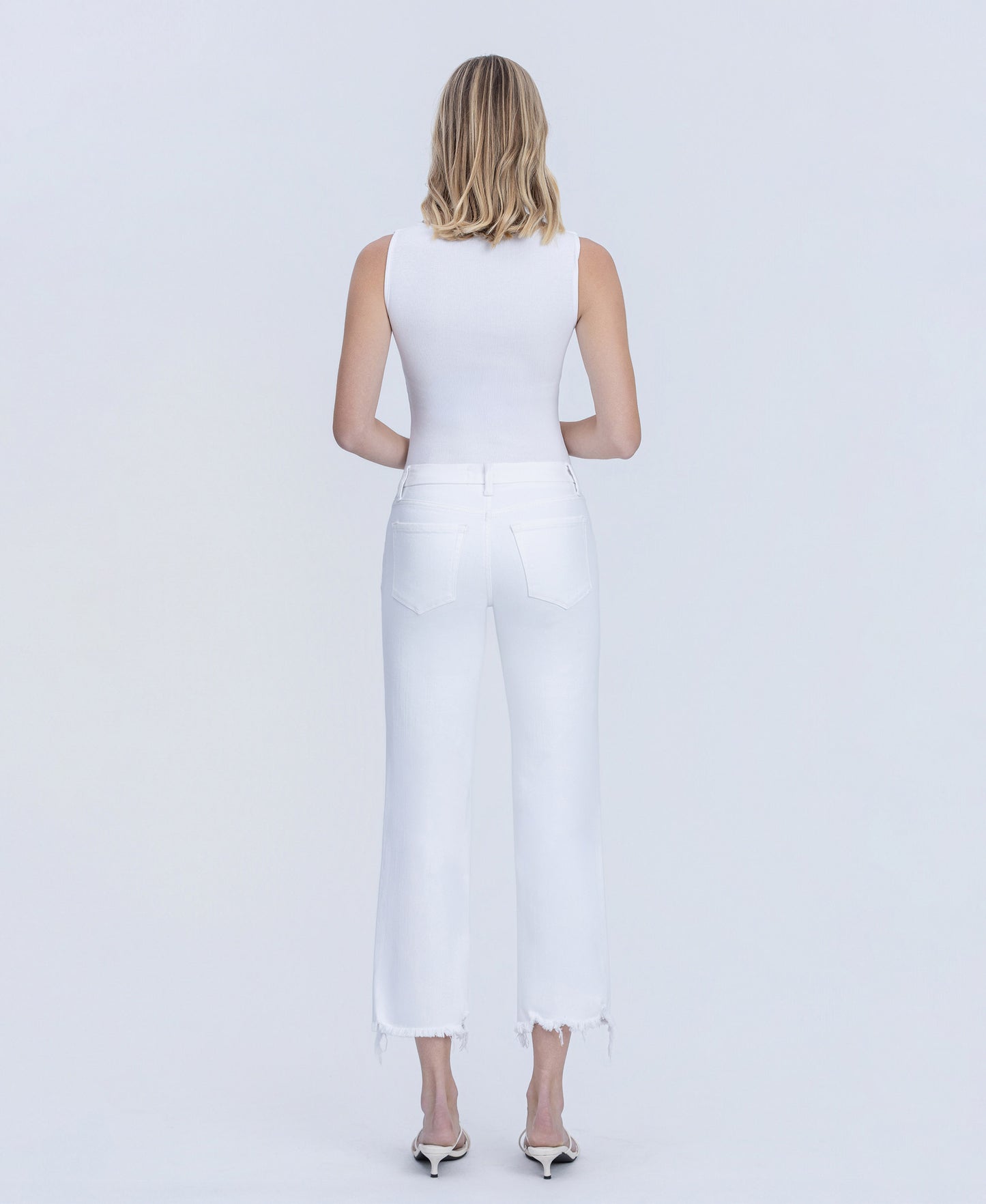 Back product images of Optic White - Mid Rise Uneven Frayed Hem Crop Straight Jeans