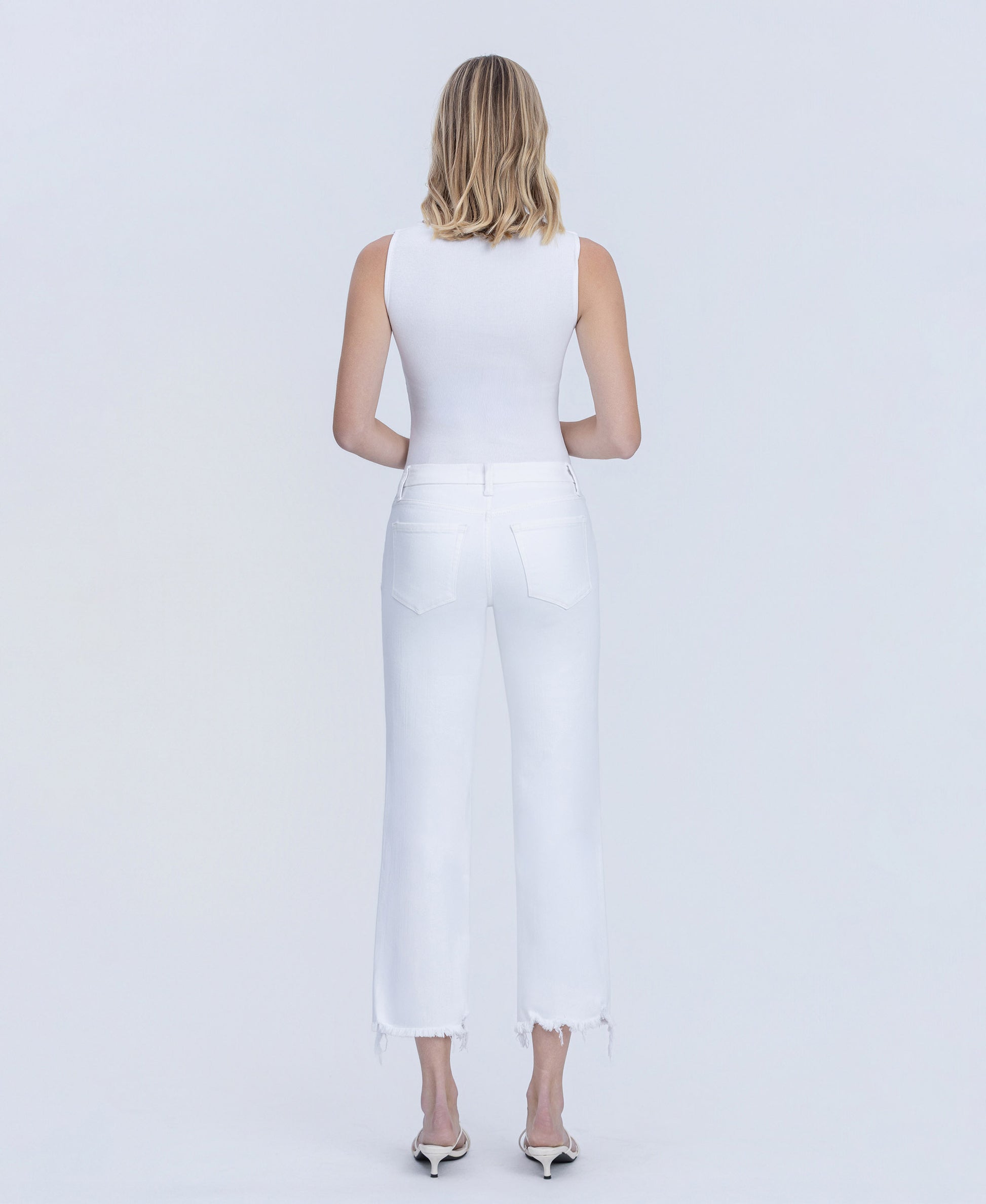 Back product images of Optic White - Mid Rise Uneven Frayed Hem Crop Straight Jeans