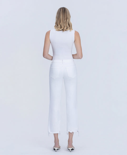 Back product images of Optic White - Mid Rise Uneven Frayed Hem Crop Straight Jeans