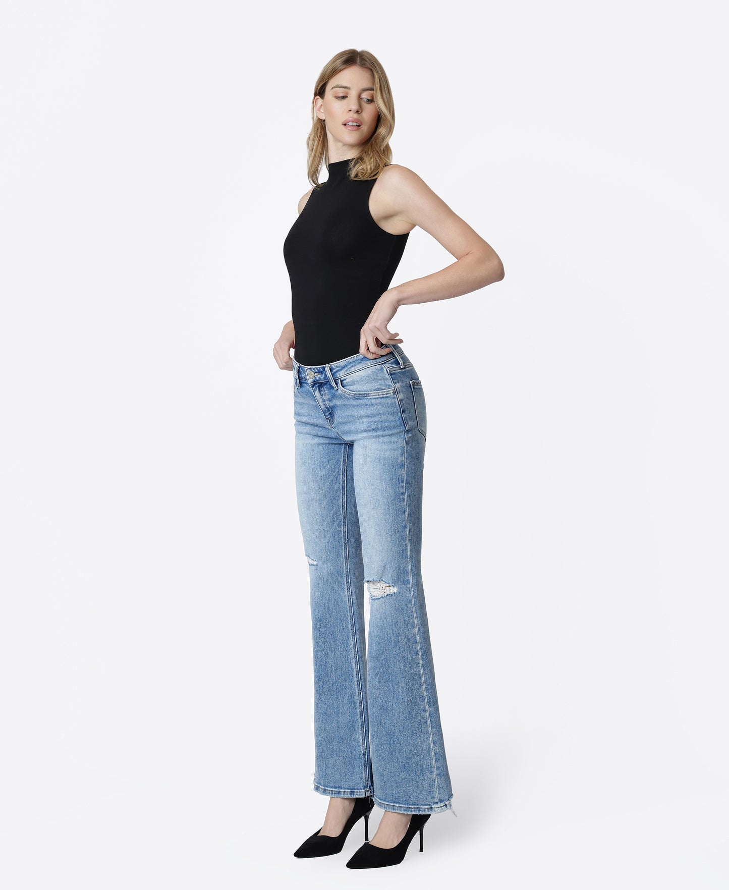 Left 45 degrees product image of Idolize - Low Rise Distressed Easy Flare Jeans