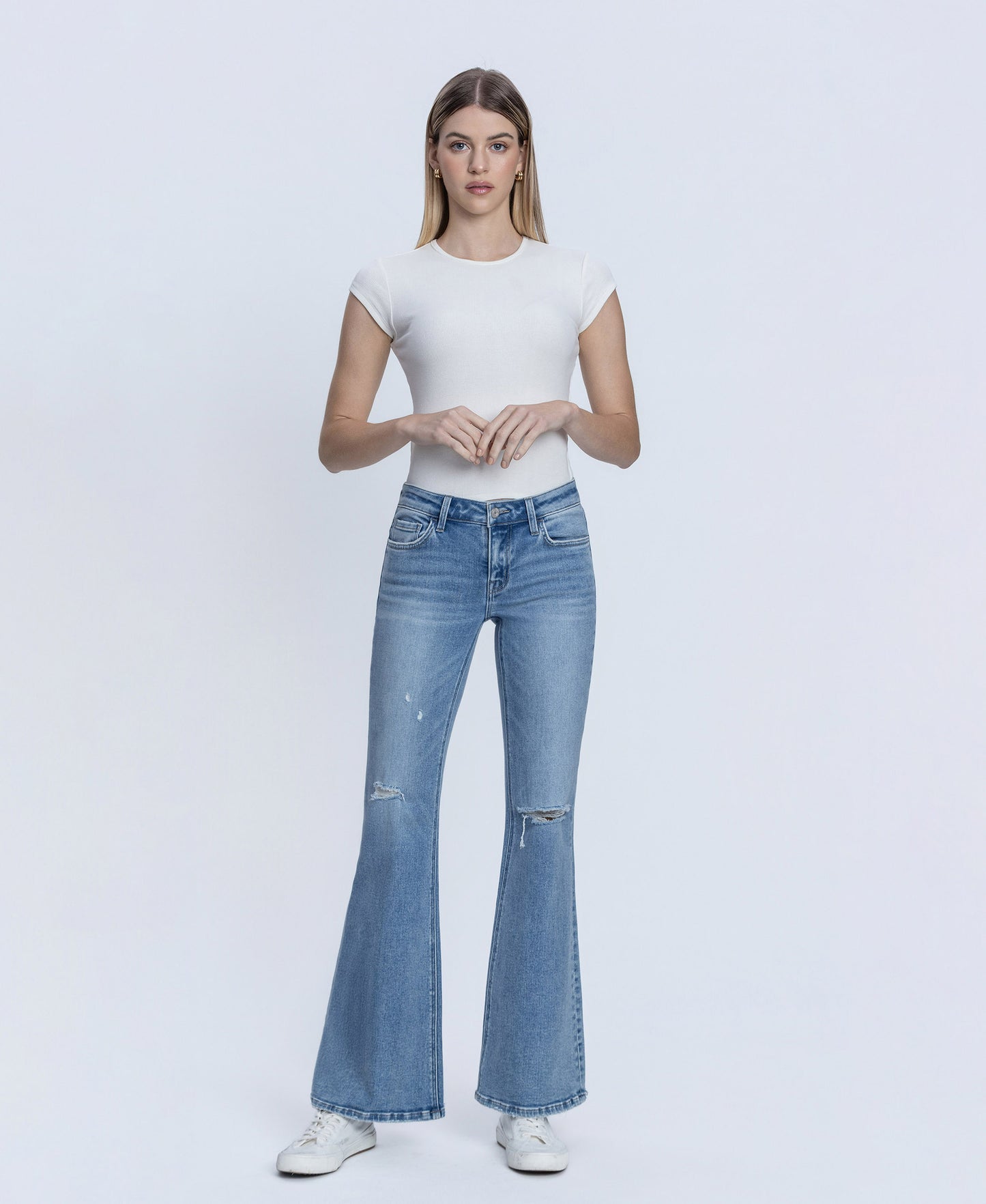 Front product images of Idolize - Low Rise Distressed Easy Flare Jeans
