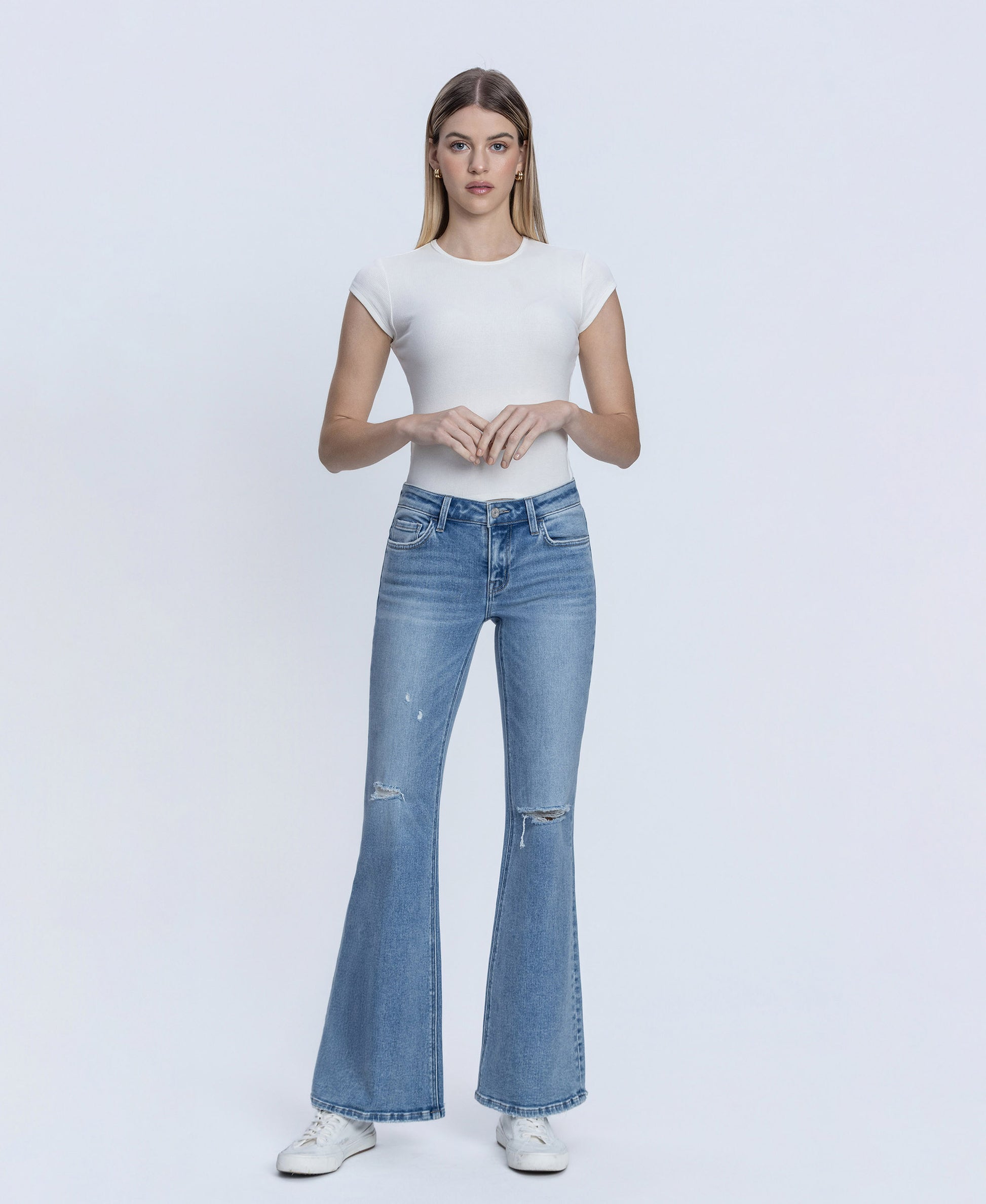 Front product images of Idolize - Low Rise Distressed Easy Flare Jeans