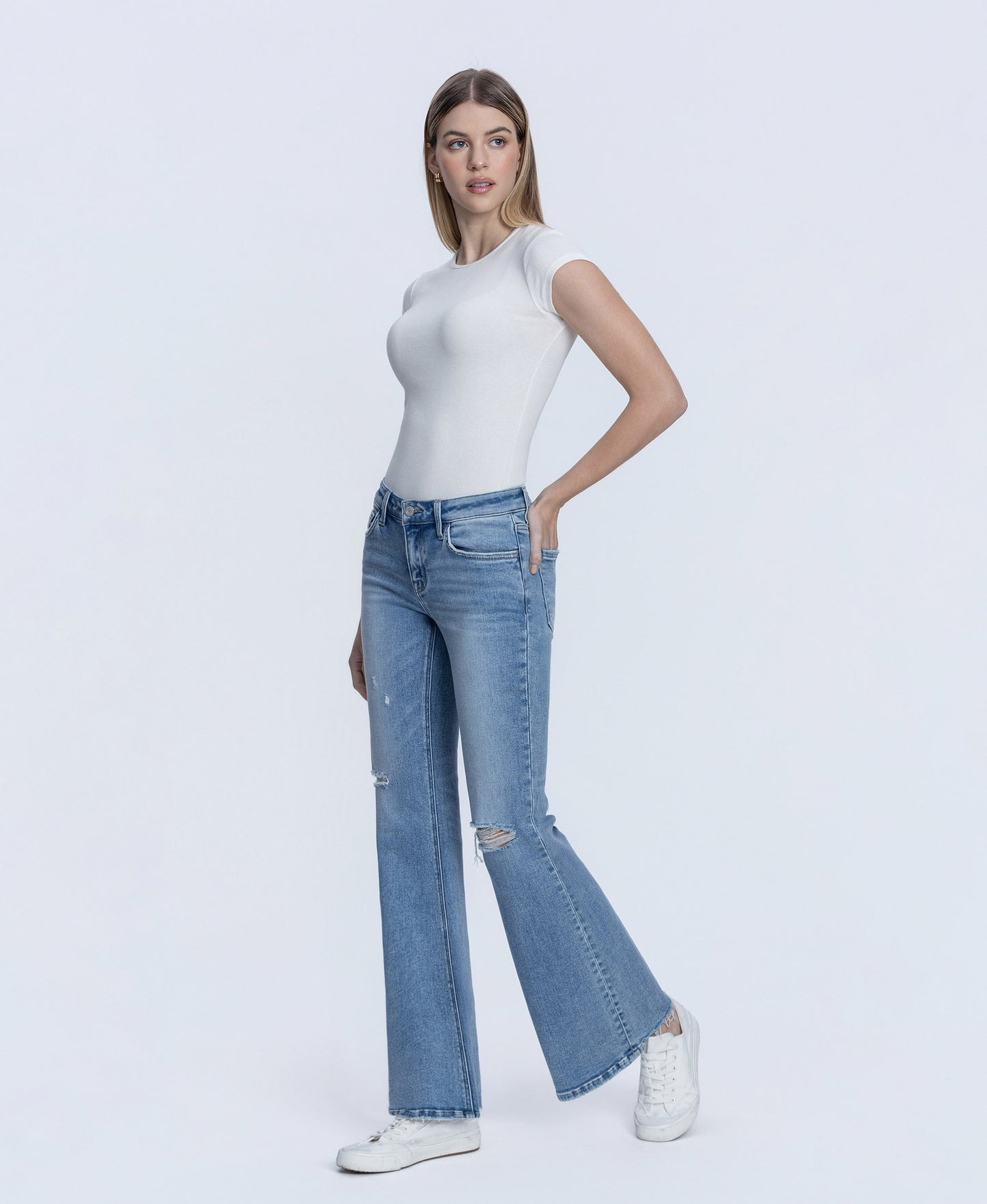 Left 45 degrees product image of Idolize - Low Rise Distressed Easy Flare Jeans