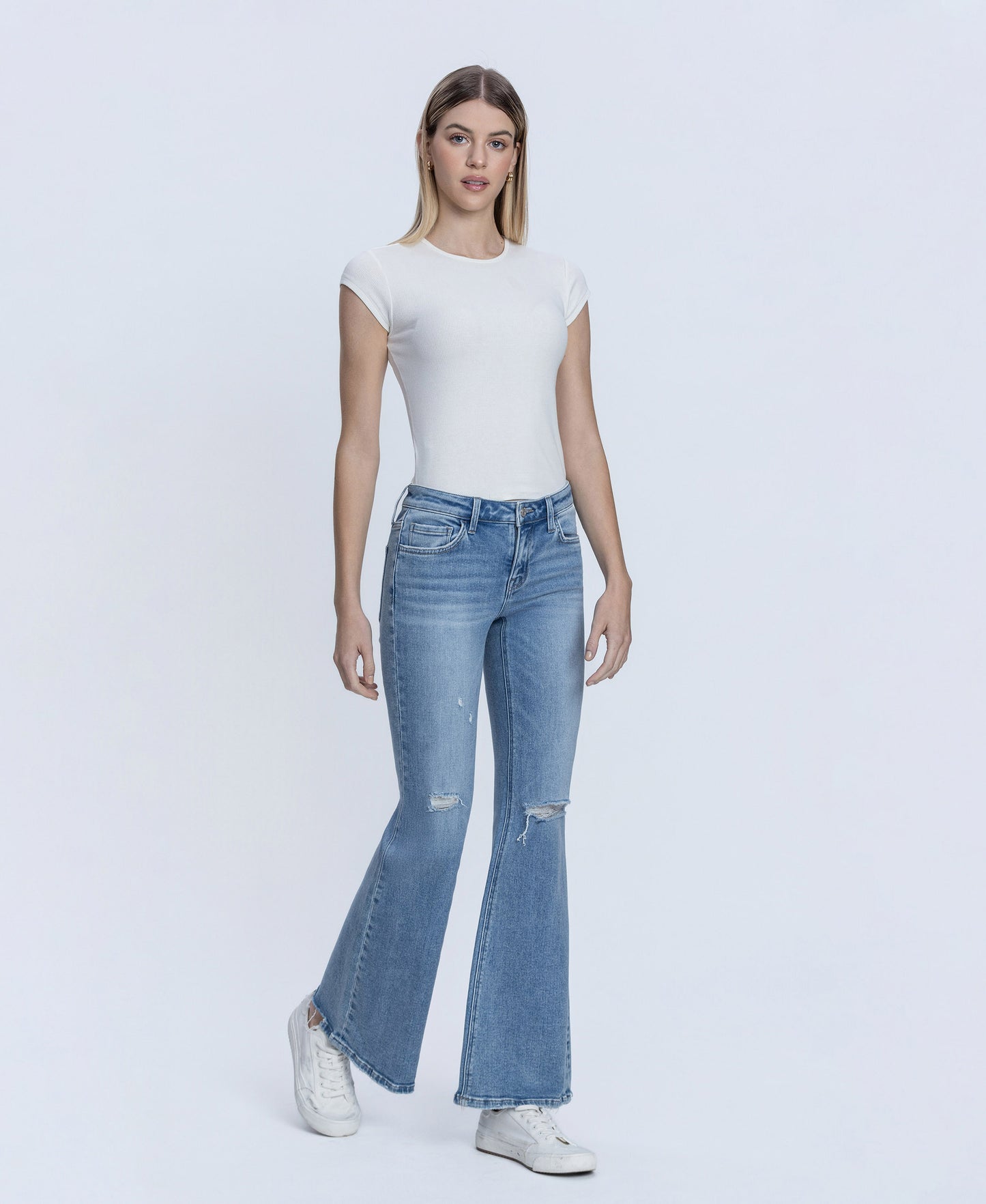 Right 45 degrees product image of Idolize - Low Rise Distressed Easy Flare Jeans