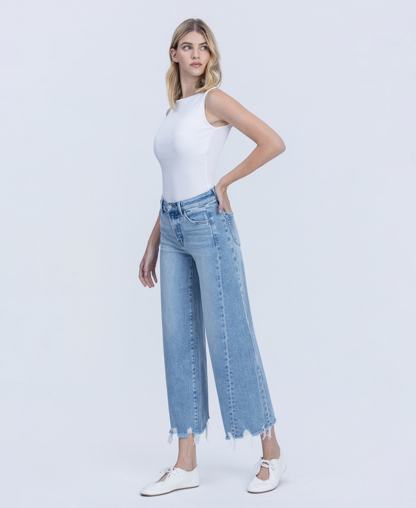 Left 45 degrees product image of  High Rise Side Panel Crop Wide Leg Jeans