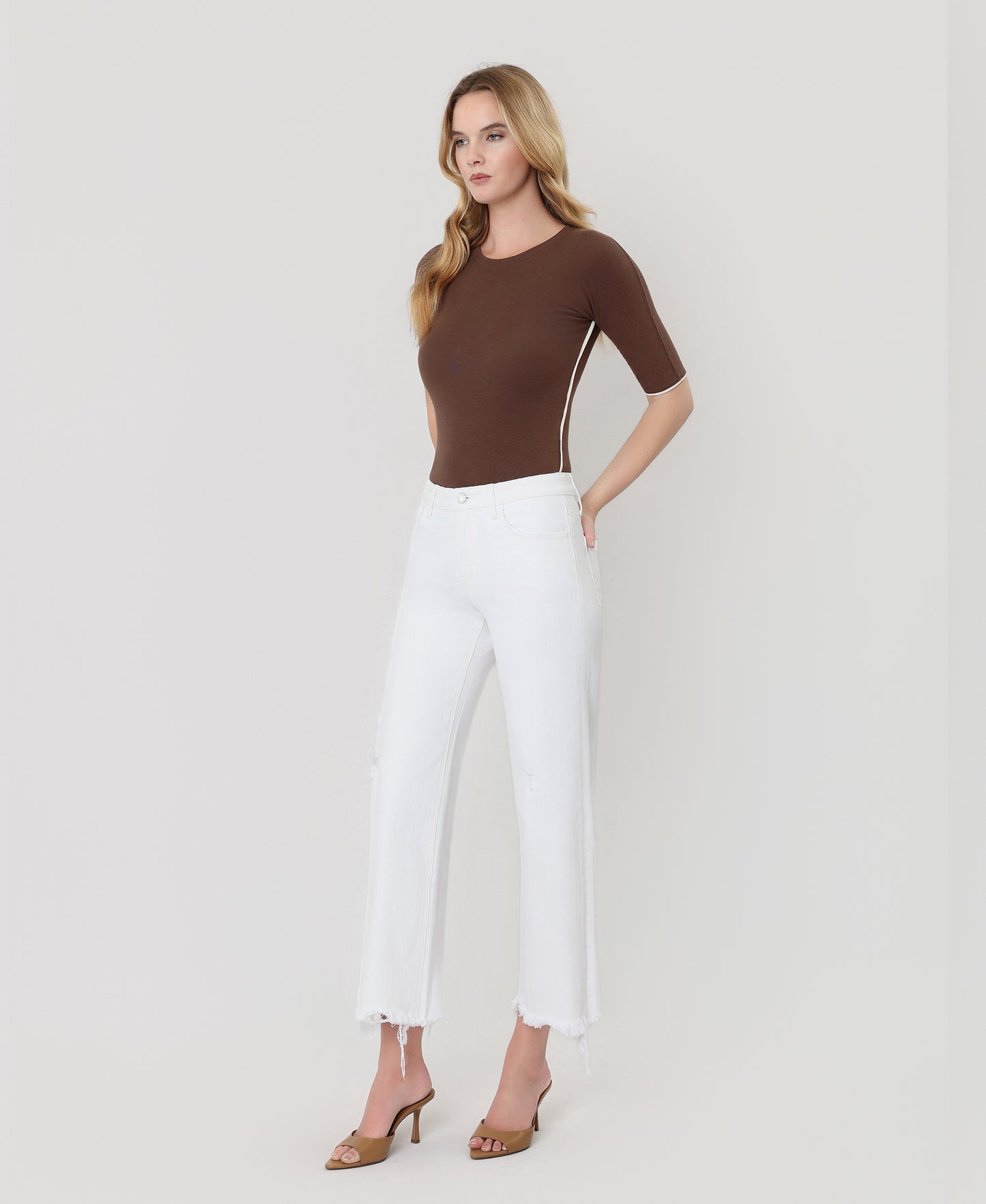 Left 45 degrees product image of Optic White - High Rise Uneven Raw Hem Crop Wide Leg Jeans