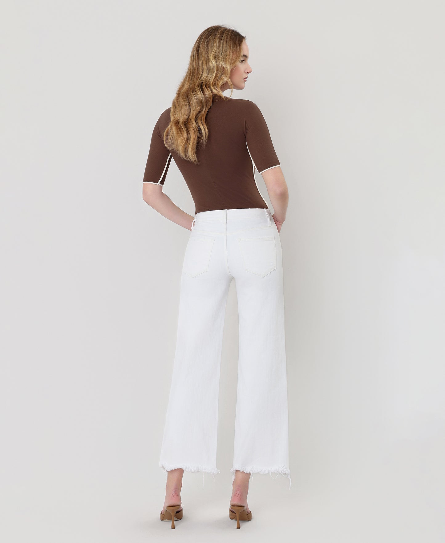 Back product images of Optic White - High Rise Uneven Raw Hem Crop Wide Leg Jeans
