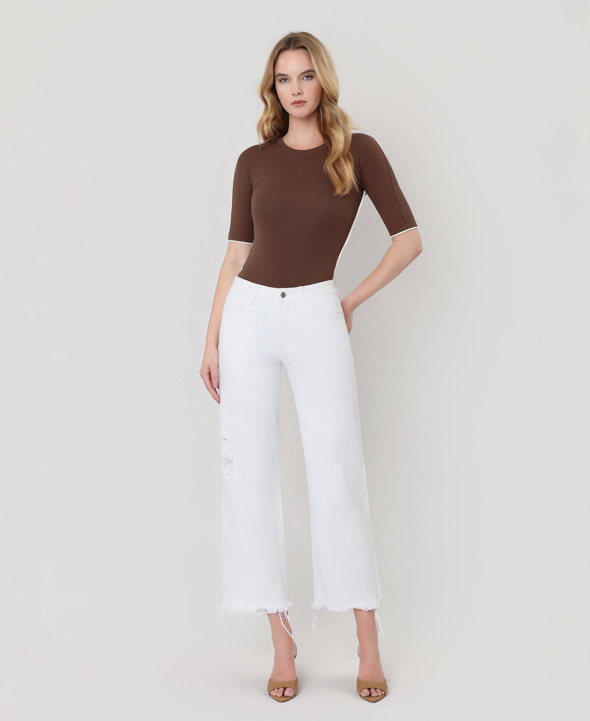 Front product images of Optic White - High Rise Uneven Raw Hem Crop Wide Leg Jeans