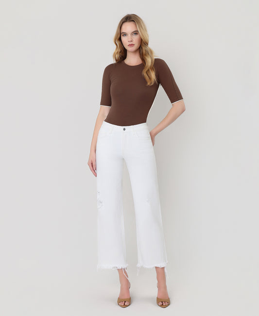 Front product images of Optic White - High Rise Uneven Raw Hem Crop Wide Leg Jeans