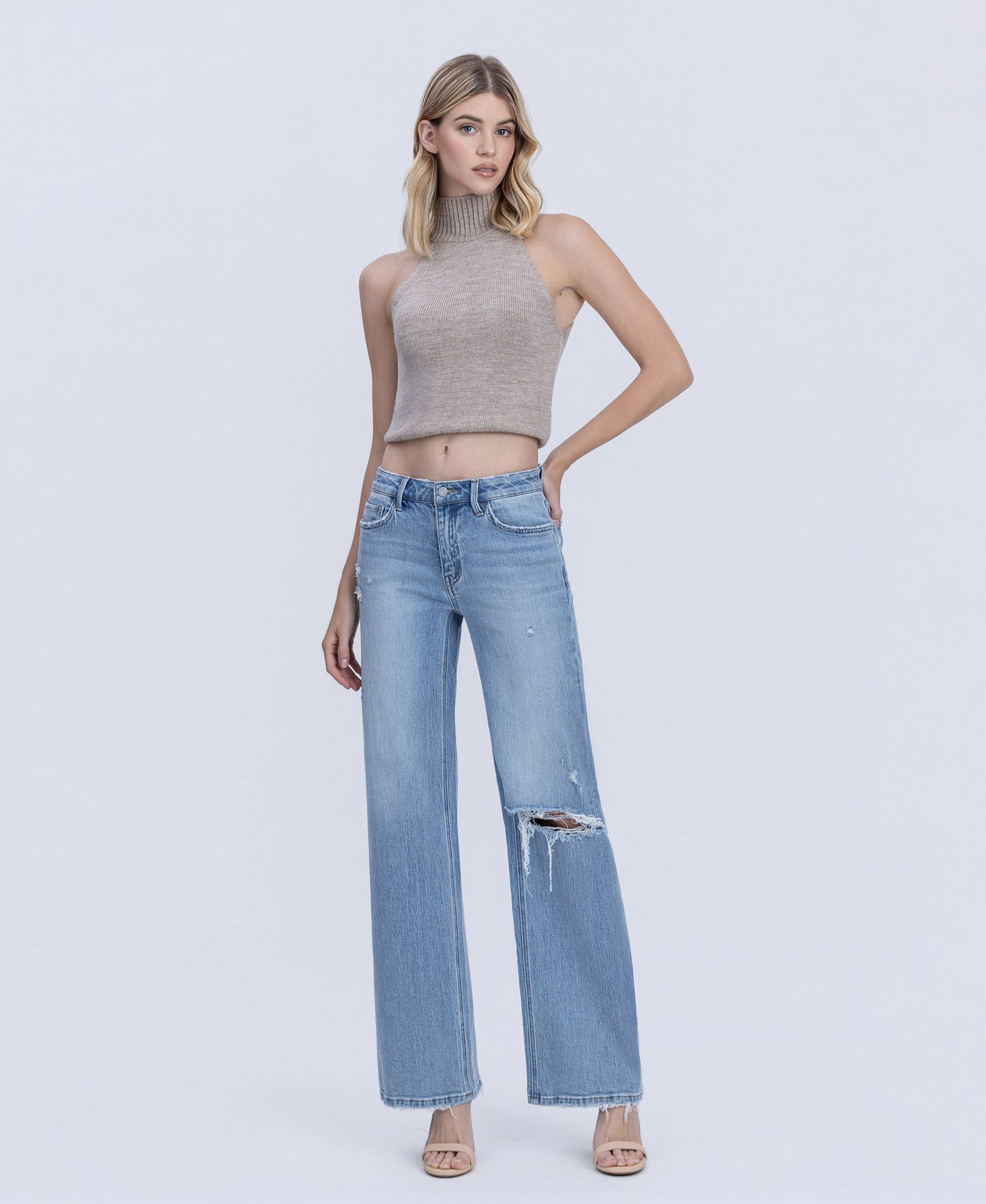 Front product images of Illustrative - Mid Rise Distressed Full Length Wide Leg Jeans