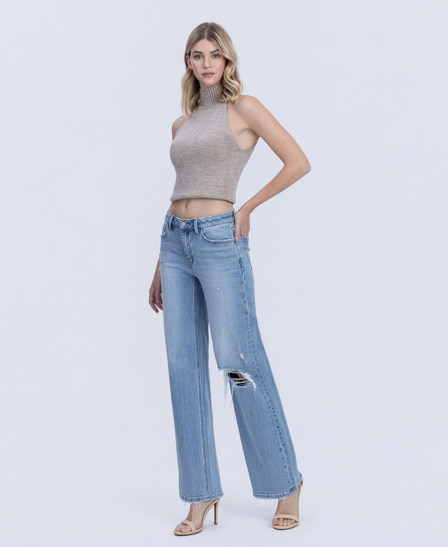 Left 45 degrees product image of Illustrative - Mid Rise Distressed Full Length Wide Leg Jeans