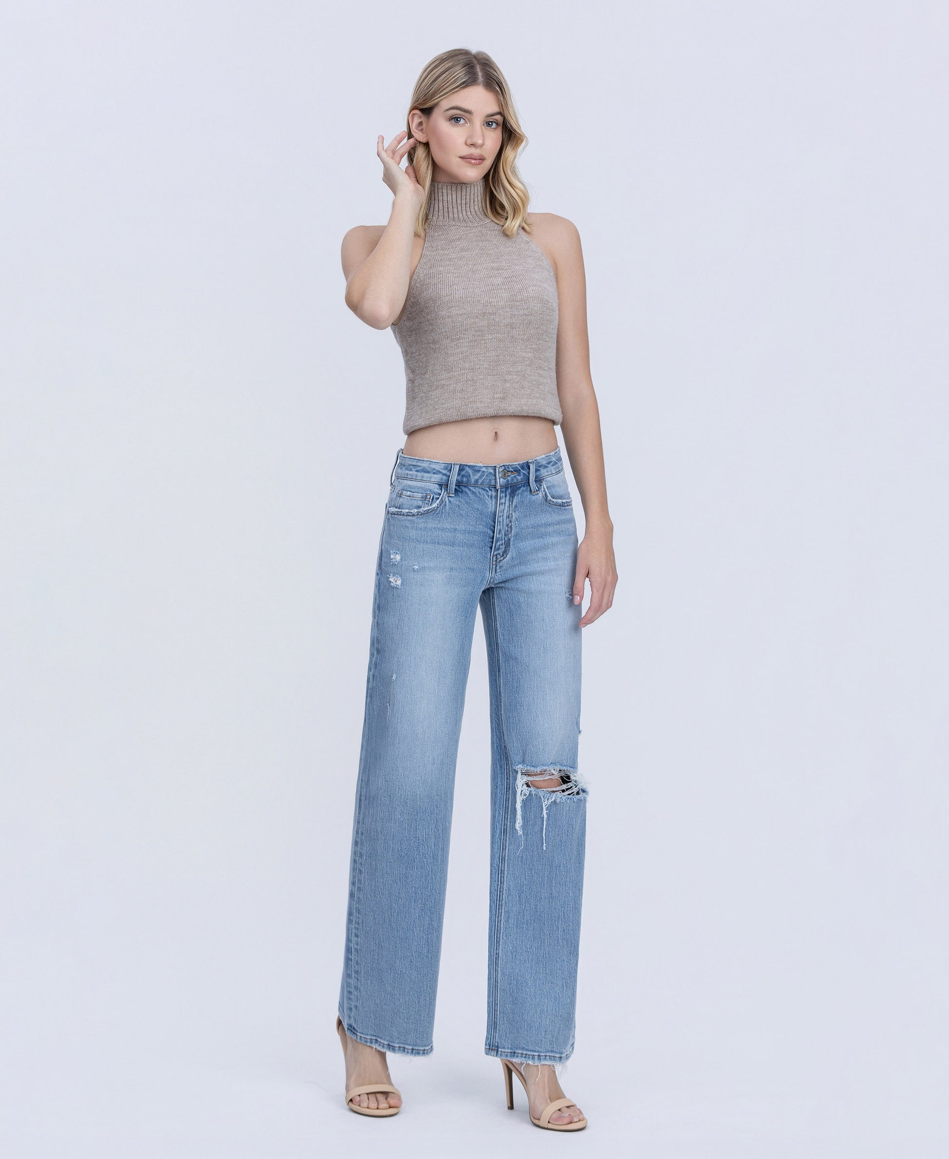 Right 45 degrees product image of Illustrative - Mid Rise Distressed Full Length Wide Leg Jeans