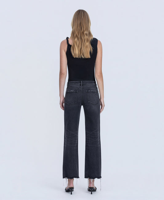 Back product images of Black - Mid Rise Raw Distressed Hem Ankle Slim Wide Leg Jeans