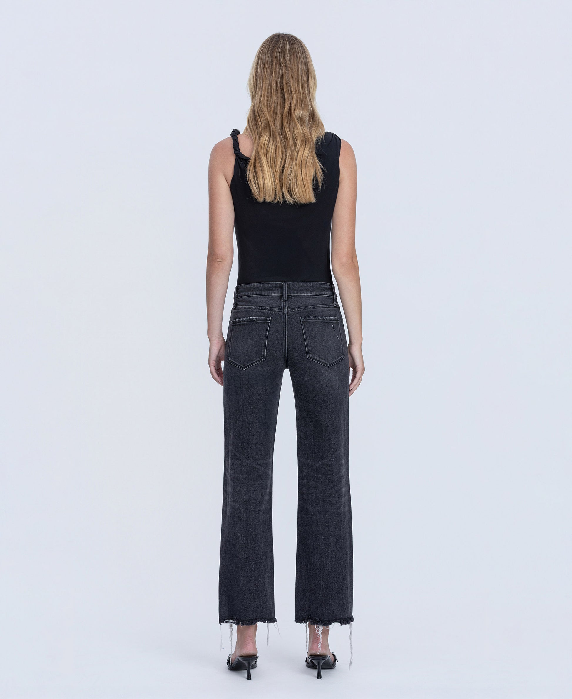 Back product images of Black - Mid Rise Raw Distressed Hem Ankle Slim Wide Leg Jeans