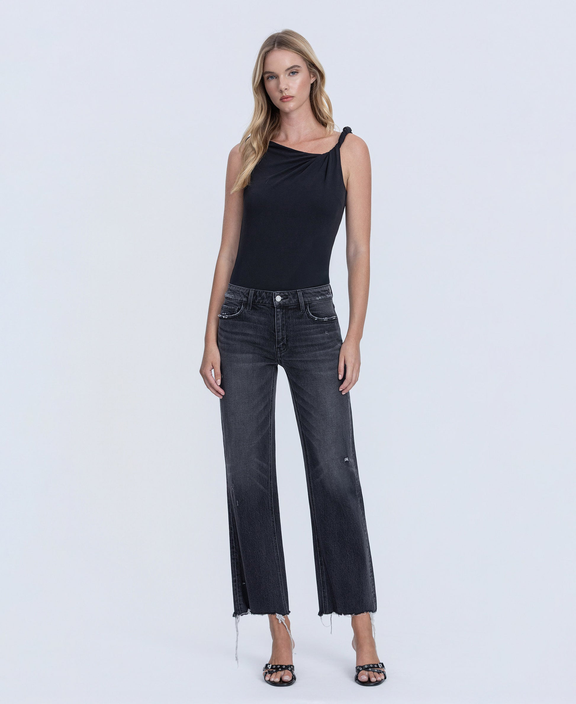 Front product images of Black - Mid Rise Raw Distressed Hem Ankle Slim Wide Leg Jeans