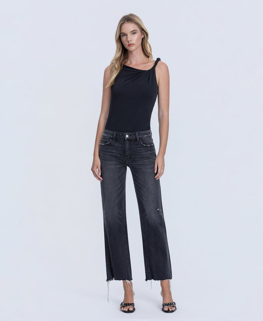 Front product images of Black - Mid Rise Raw Distressed Hem Ankle Slim Wide Leg Jeans