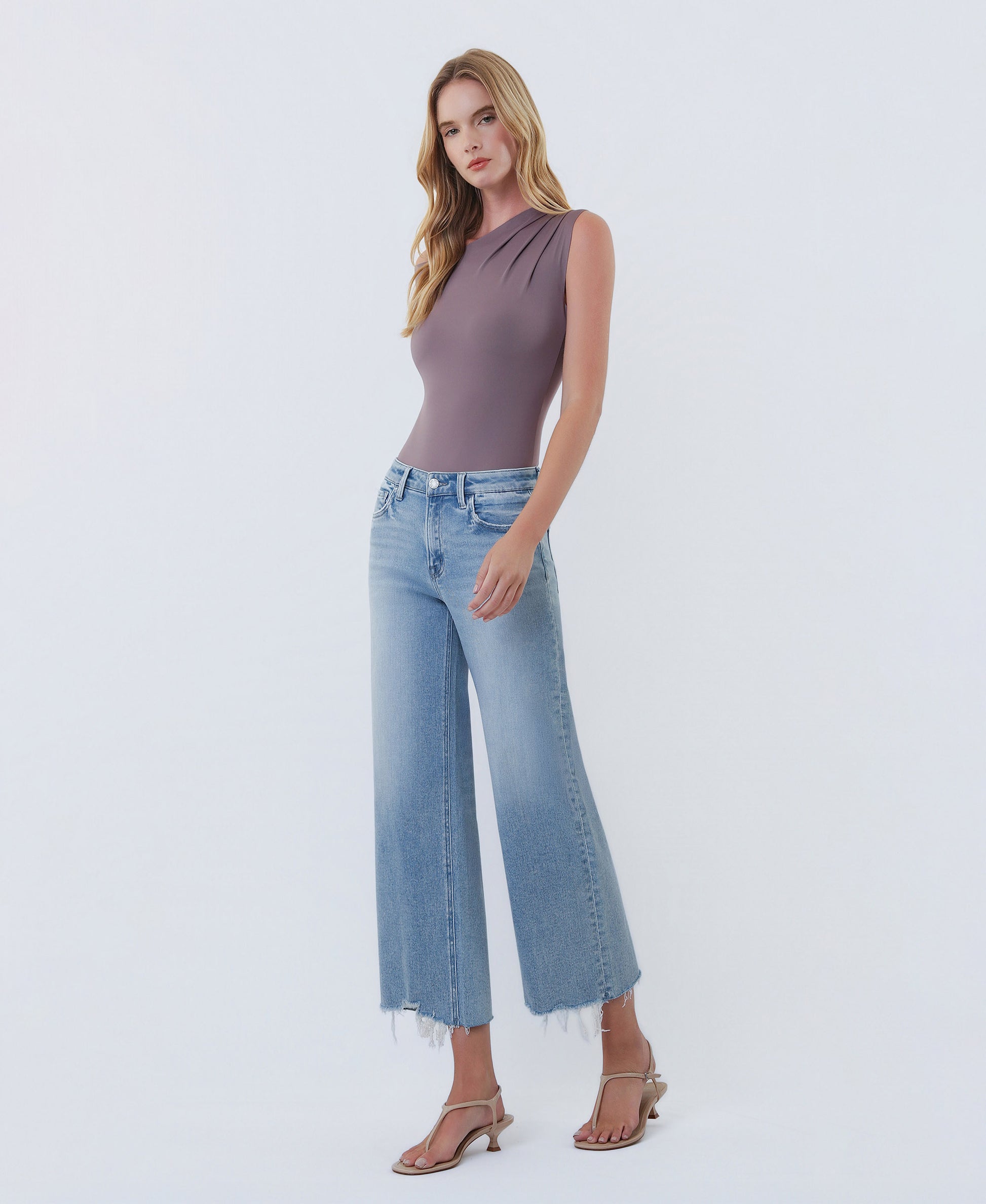 Left 45 degrees product image of Imaginative - High Rise Distressed Hem Crop Wide Leg Jeans