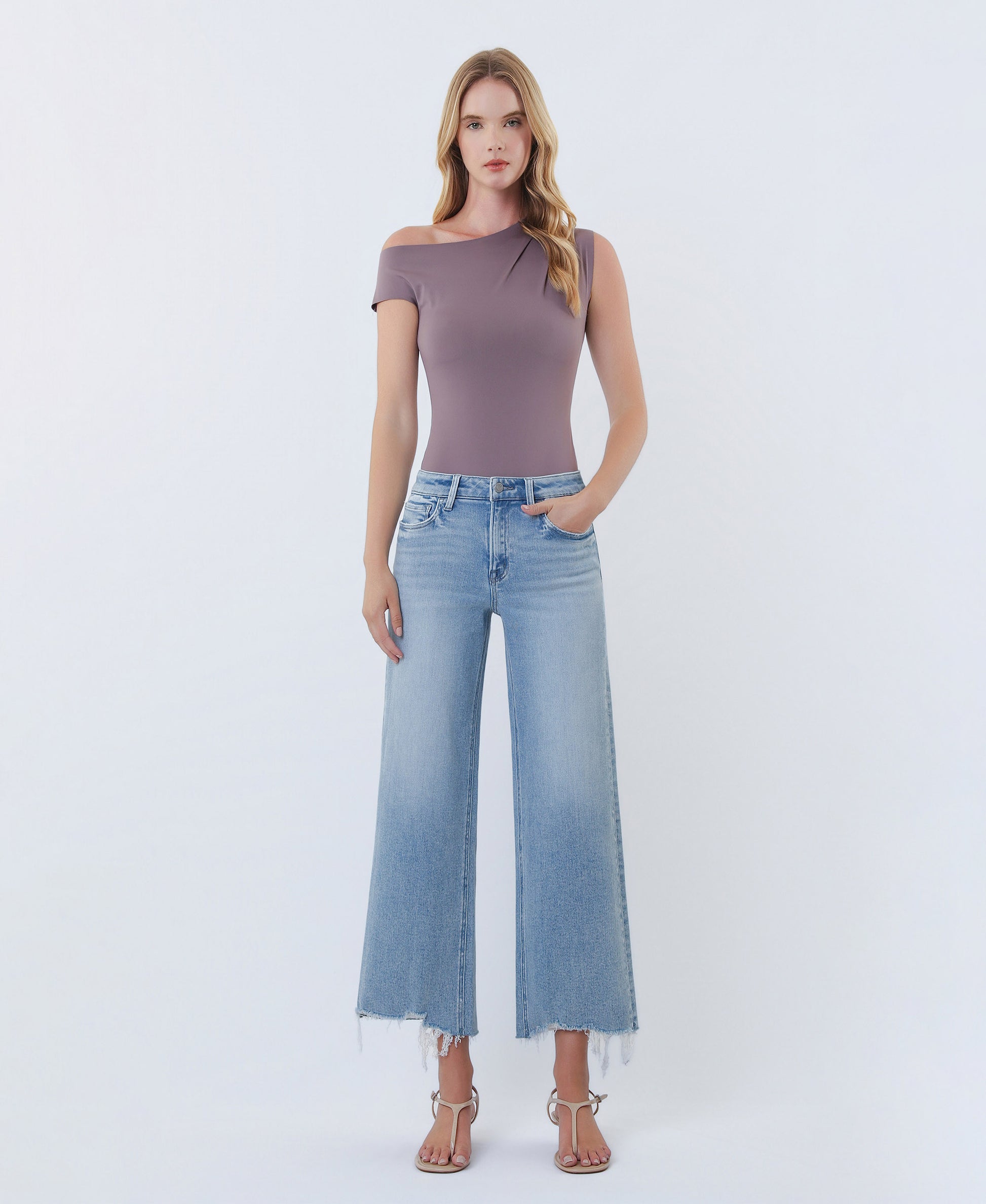 Front product images of Imaginative - High Rise Distressed Hem Crop Wide Leg Jeans