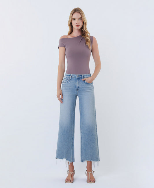Front product images of Imaginative - High Rise Distressed Hem Crop Wide Leg Jeans
