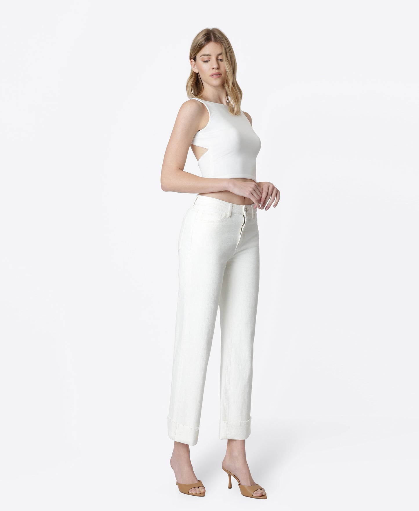 Right 45 degrees product image of Optic White - High Rise Cuffed Slim Wide Leg Jeans