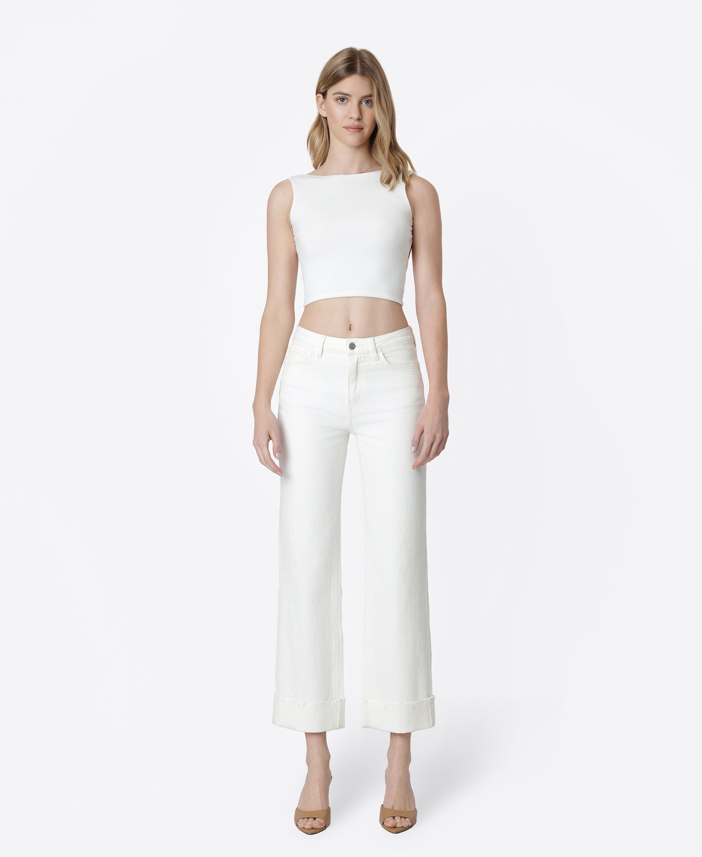 Front product images of Optic White - High Rise Cuffed Slim Wide Leg Jeans