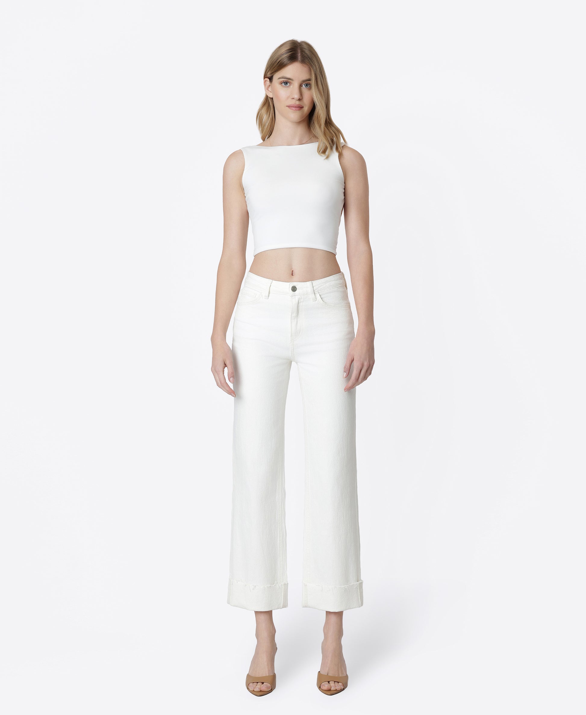 Front product images of Optic White - High Rise Cuffed Slim Wide Leg Jeans