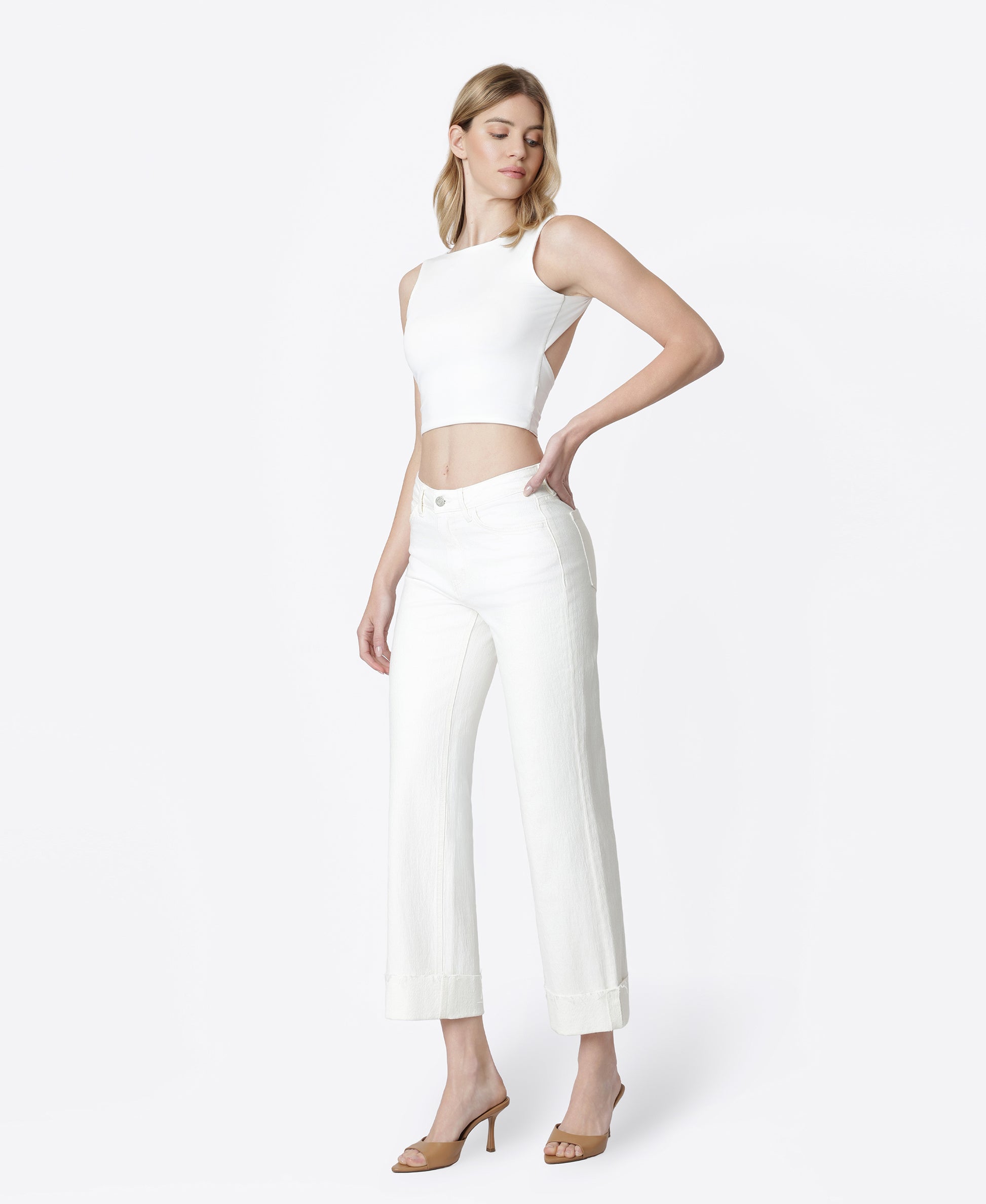 Left 45 degrees product image of Optic White - High Rise Cuffed Slim Wide Leg Jeans