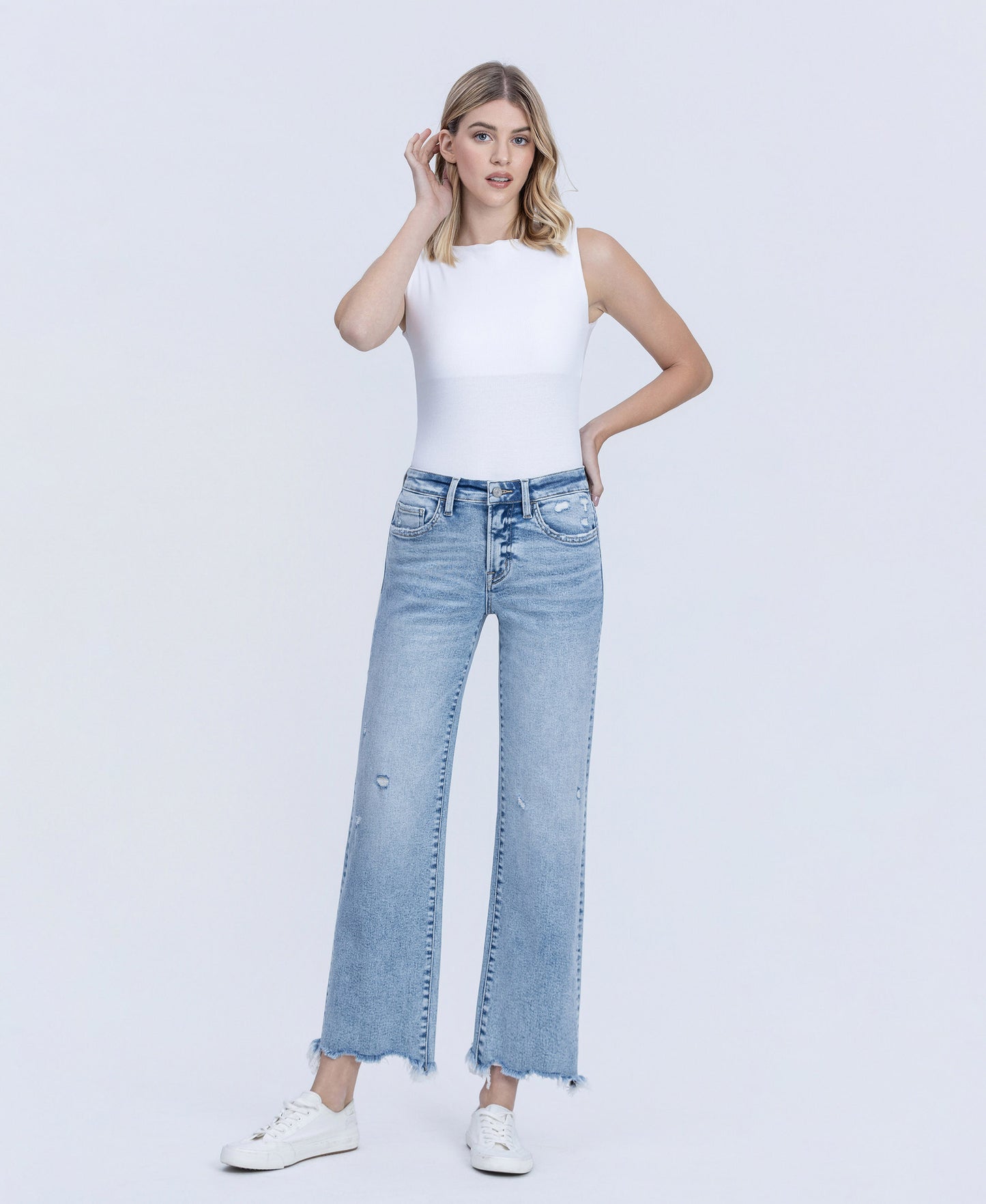Front product images of Infrequent - Mid Rise Uneven Raw Hem Slim Wide Leg Jeans