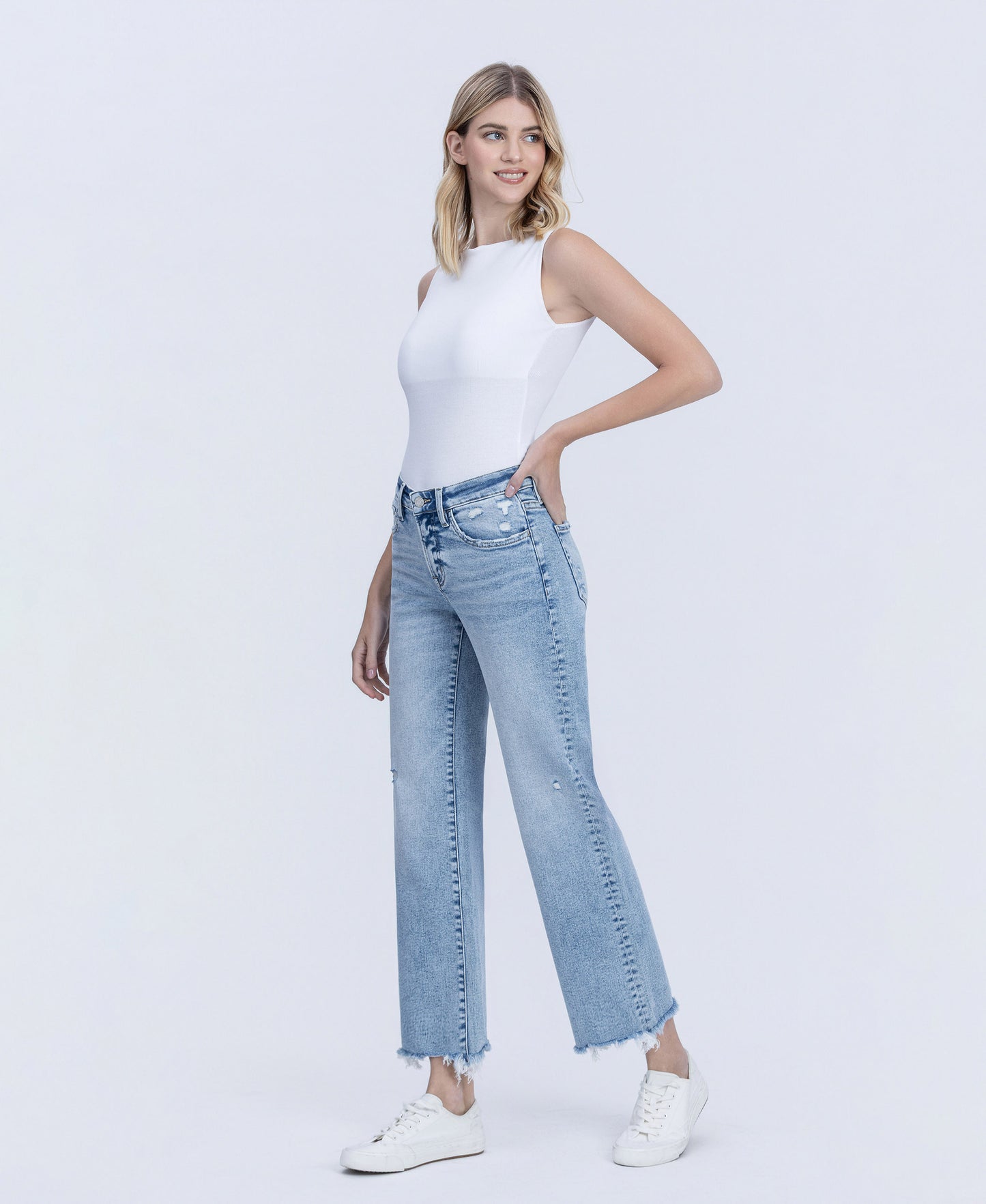 Left 45 degrees product image of Infrequent - Mid Rise Uneven Raw Hem Slim Wide Leg Jeans