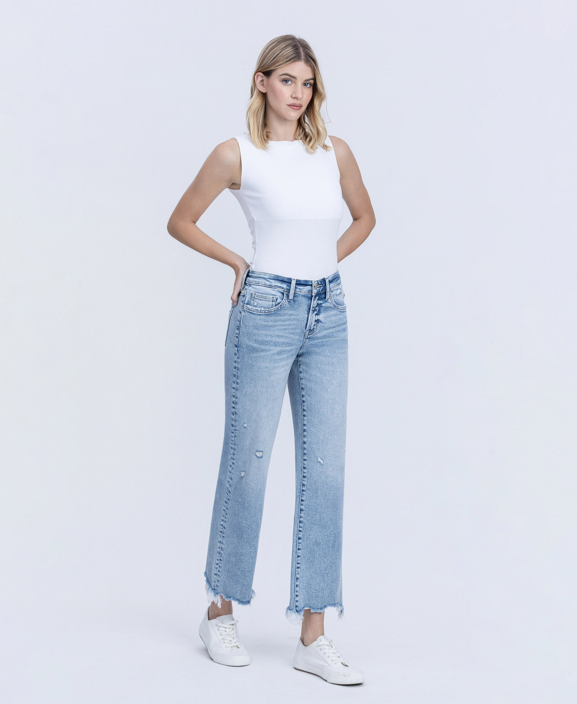 Right 45 degrees product image of Infrequent - Mid Rise Uneven Raw Hem Slim Wide Leg Jeans