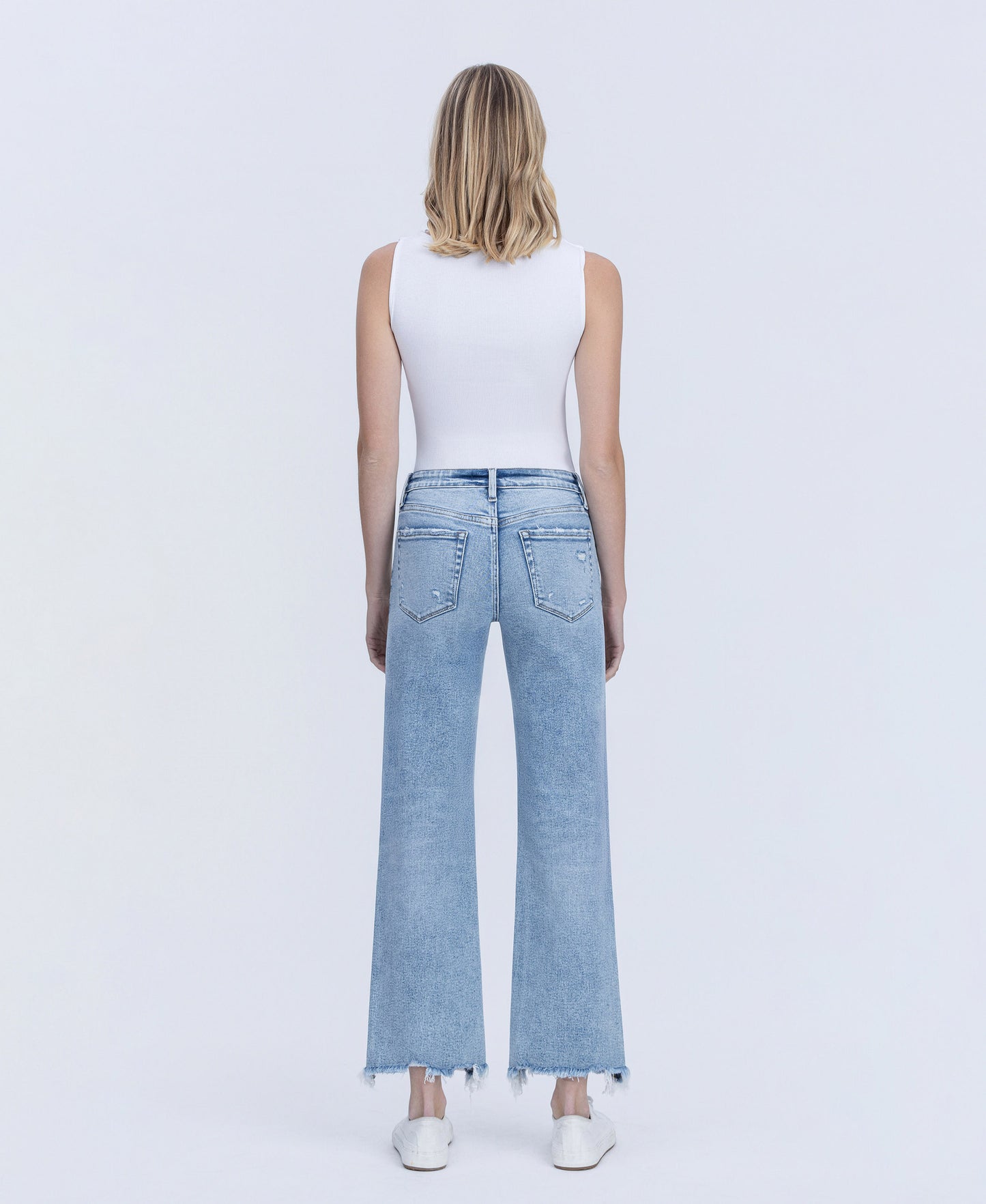 Back product images of Infrequent - Mid Rise Uneven Raw Hem Slim Wide Leg Jeans