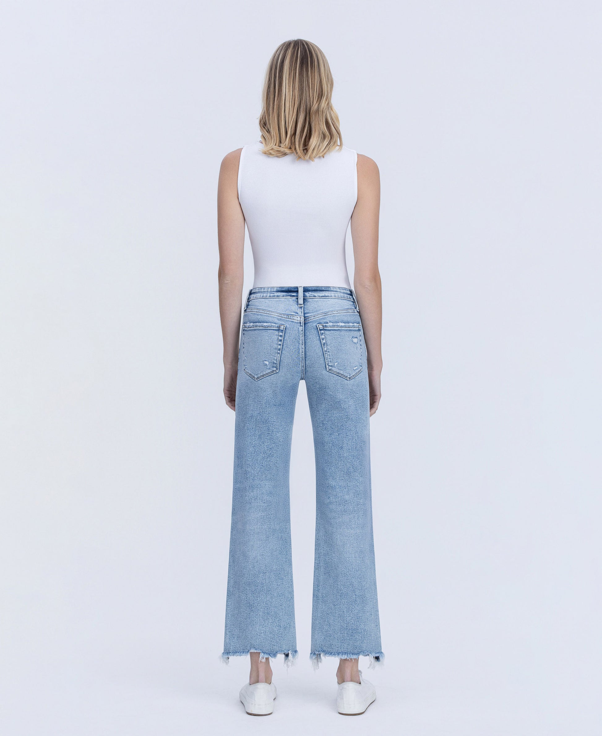 Back product images of Infrequent - Mid Rise Uneven Raw Hem Slim Wide Leg Jeans