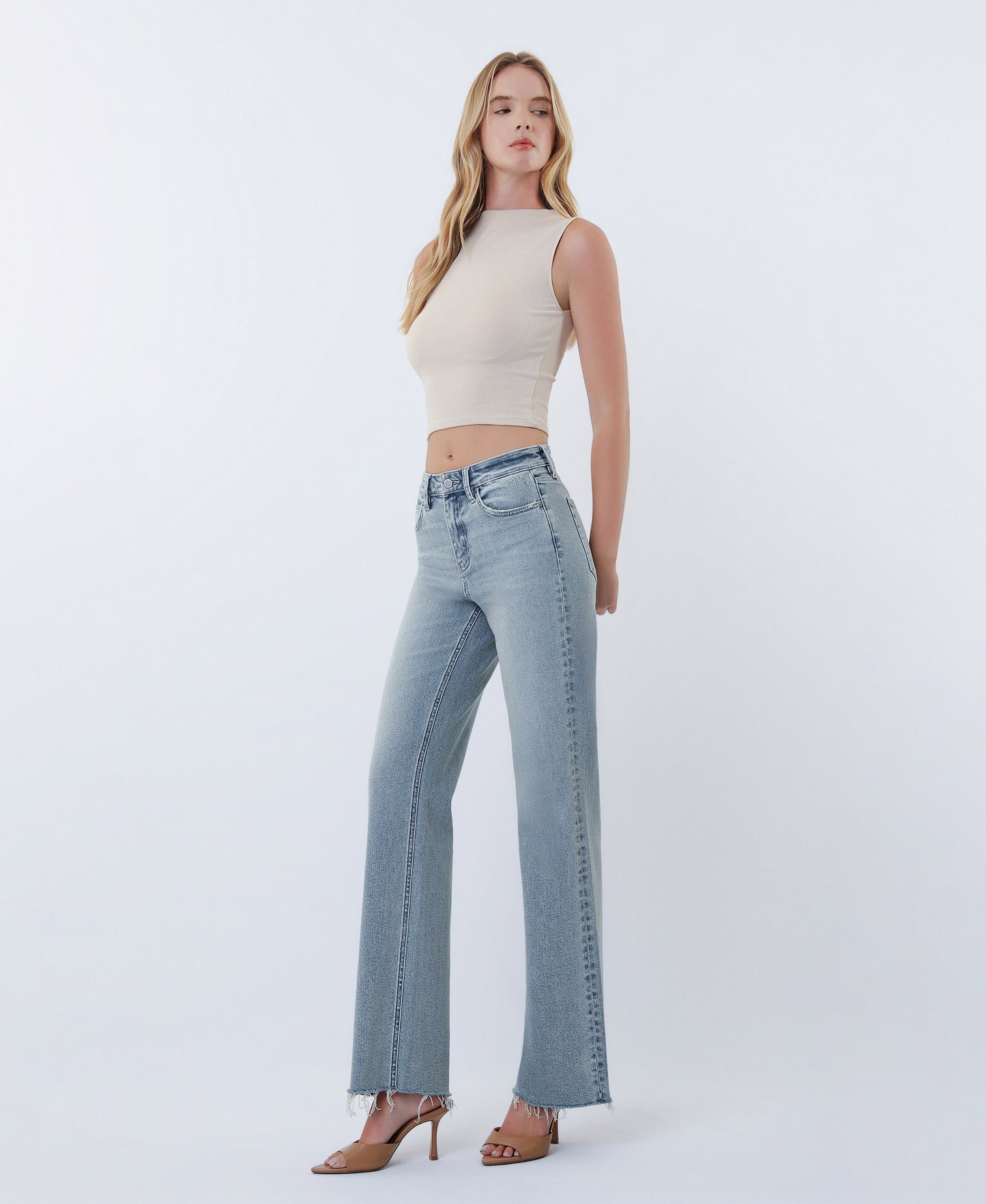 Left 45 degrees product image of Insightful - High Rise Raw Hem Slim Wide Leg Tinted Jeans