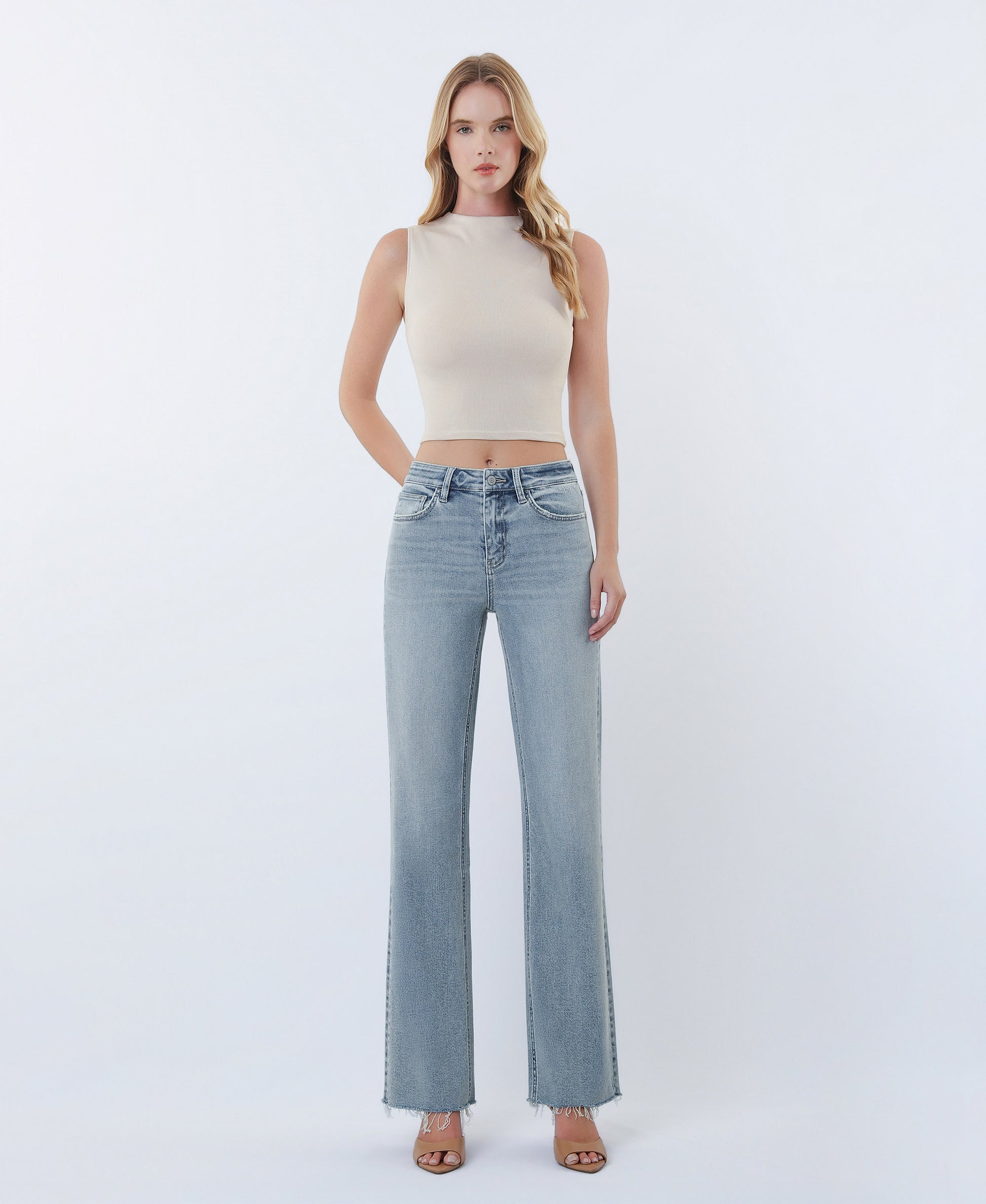 Front product images of Insightful - High Rise Raw Hem Slim Wide Leg Tinted Jeans
